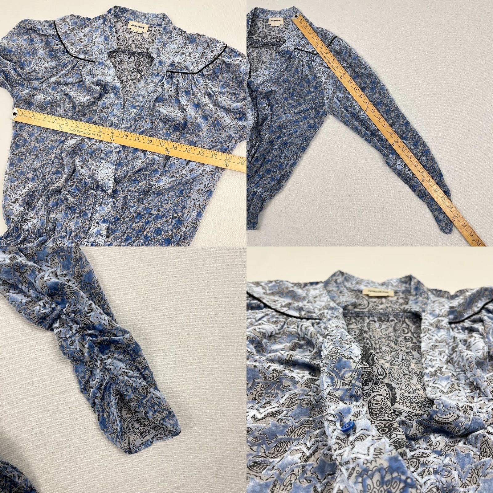 Zadig & Voltaire VINTAGE Zadig & Voltaire Tori Velours Devore Blouse Blue Floral Velvet Surplice Size S / US 4 / IT 40 - 8 Thumbnail