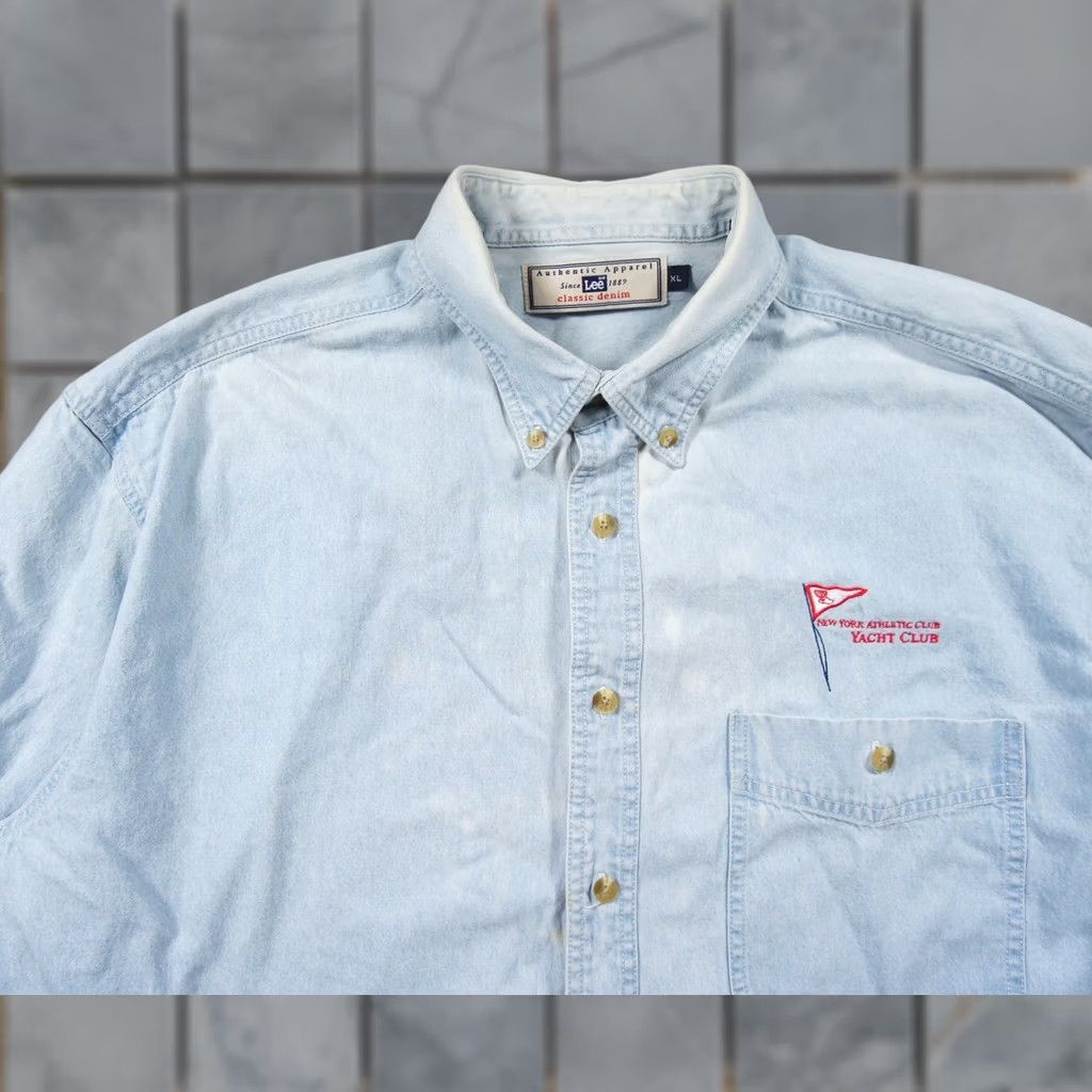 Lee Vintage NYAC Shirt Mens XL Blue Denim Button-Up Lee Regular Fit Button-Up Shirt Mens Blue Denim Outdoor 90s Mens Size US XL / EU 56 / 4 - 1 Thumbnail