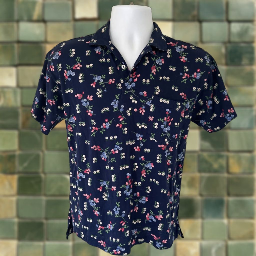 Polo Ralph Lauren Polo Shirt Mens S Slim Fit Floral Navy Short Sleeve 100% Cotton Knit Blue Tropical Slimming