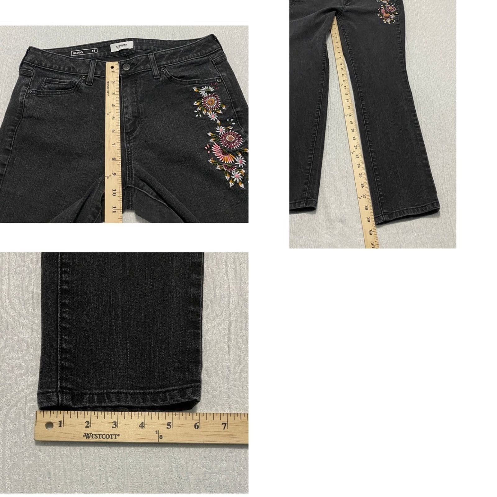 Denime Sonoma Womens Size 14 Black Wash Denim Skinny Floral Embroidered Jeans Size 36" / US 14 / IT 50 - 8 Thumbnail