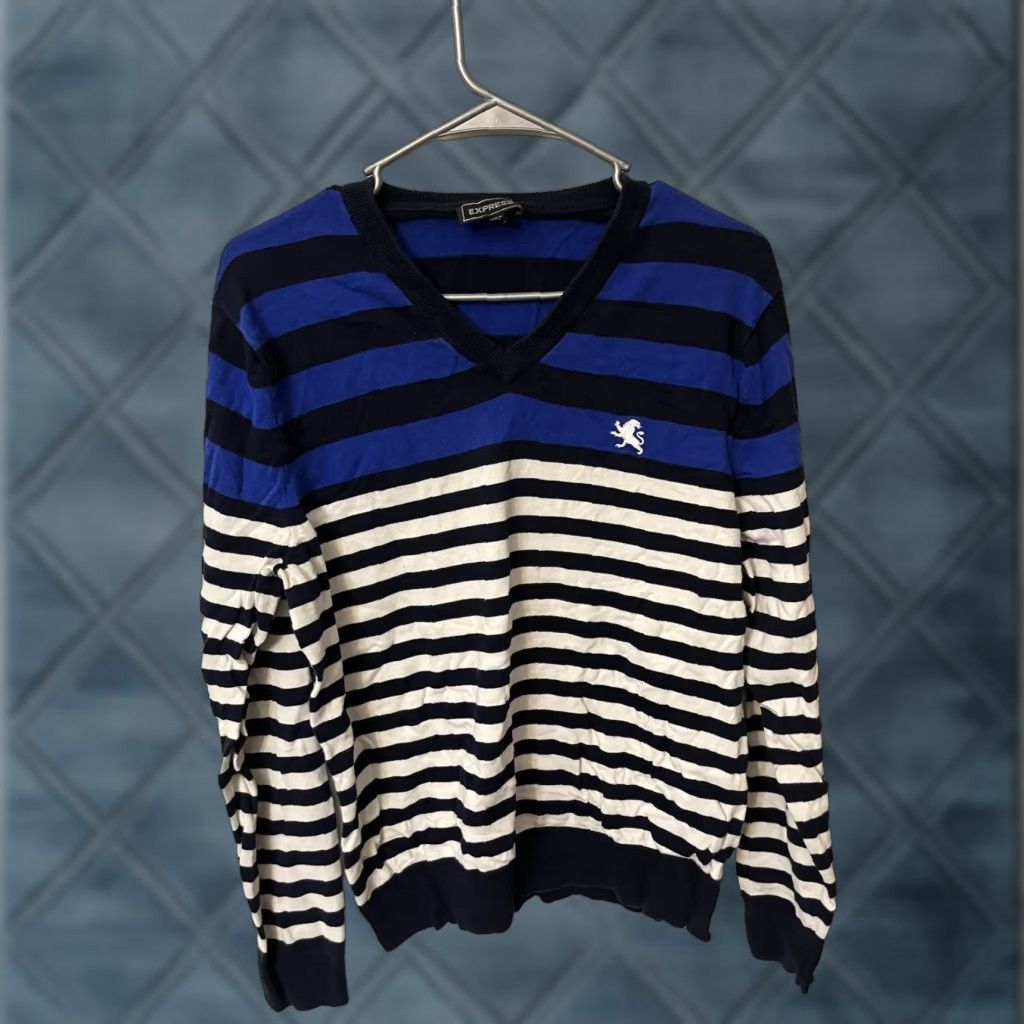 Express Express Mens V-Neck Sweater Size M Multicolor Striped Gray Pullover Knit Cotton Logo Shirt? Size US M / EU 48-50 / 2 - 1 Thumbnail
