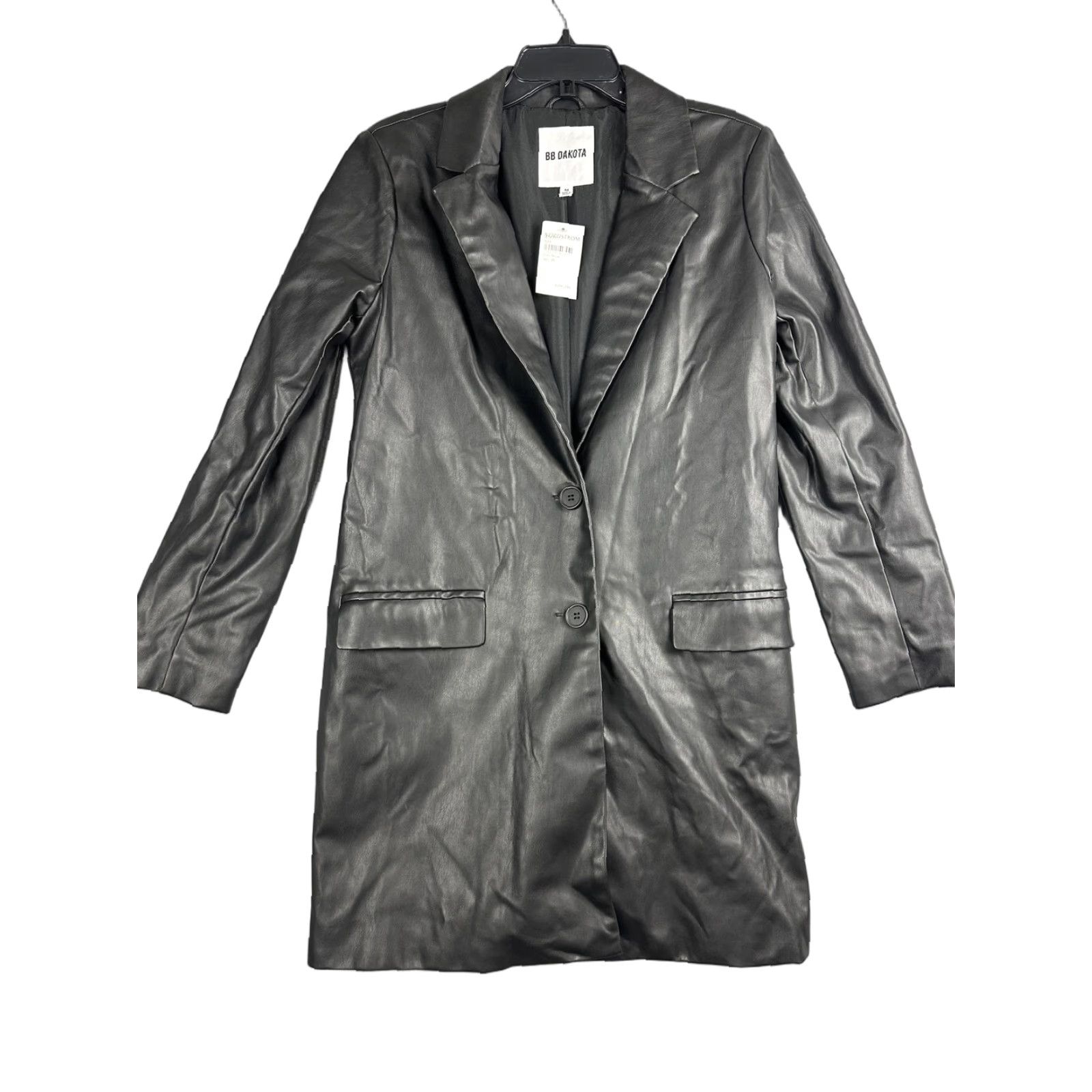 BB Dakota Blazer Coat Womens Medium Black Faux Leather Long Lined Jacket NWT