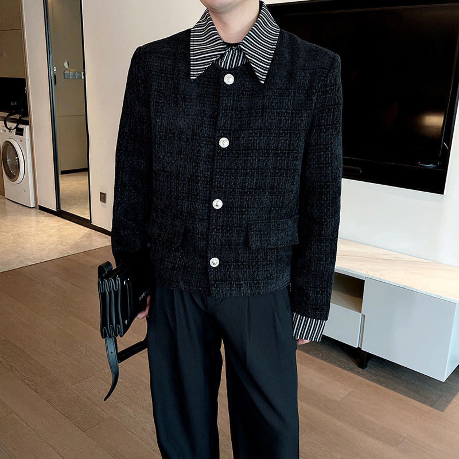 Black Textured Cropped Jacket Men's Button-Up Outerwear