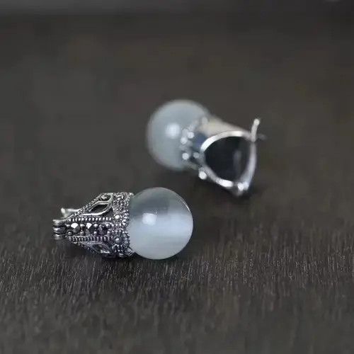 Sterling Silver × Vintage S925 Sterling Silver Cat's eye stone earrings and Earrings Size ONE SIZE - 3 Thumbnail