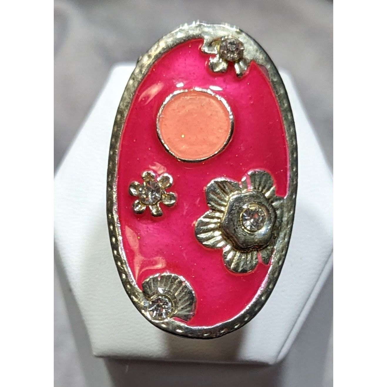 Other Retro Floral Pink Enamel And Silver Tone Oval Ring Size ONE SIZE - 6 Thumbnail