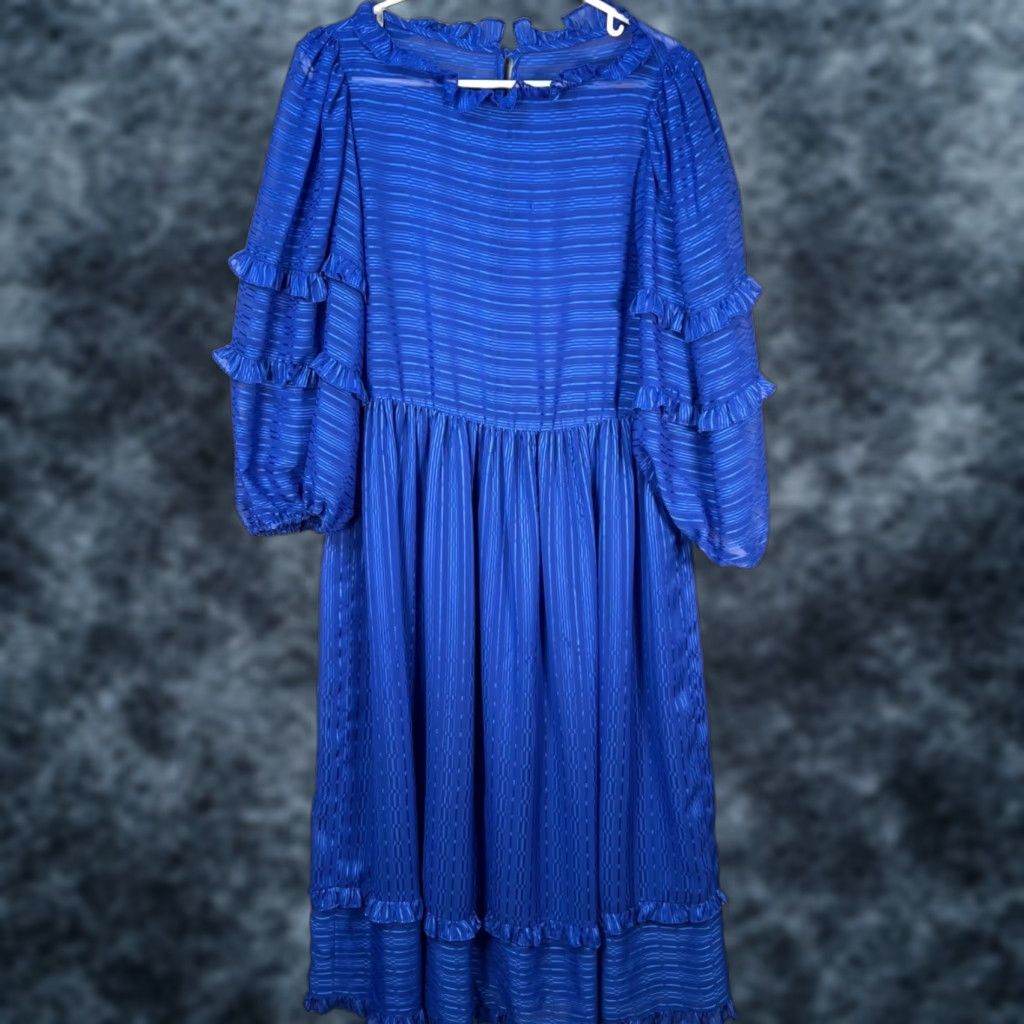 Vintage VINTAGE Victor Costa Blue Striped Ruffle Long Sleeve Midi Dress Womens Size 8 Size M / US 6-8 / IT 42-44 - 1 Thumbnail