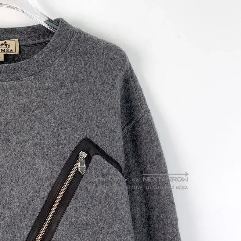 Hermes Hermes Dark Gray Pocket Leather Trimmed Wool Crewneck Long Size L / US 10 / IT 46 - 3 Thumbnail