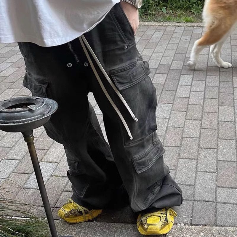 Designer × Japanese Brand × Jean Black Electric Thunder Drawstring Elastic Baggy Cargo Jeans Size US 33 - 3 Thumbnail