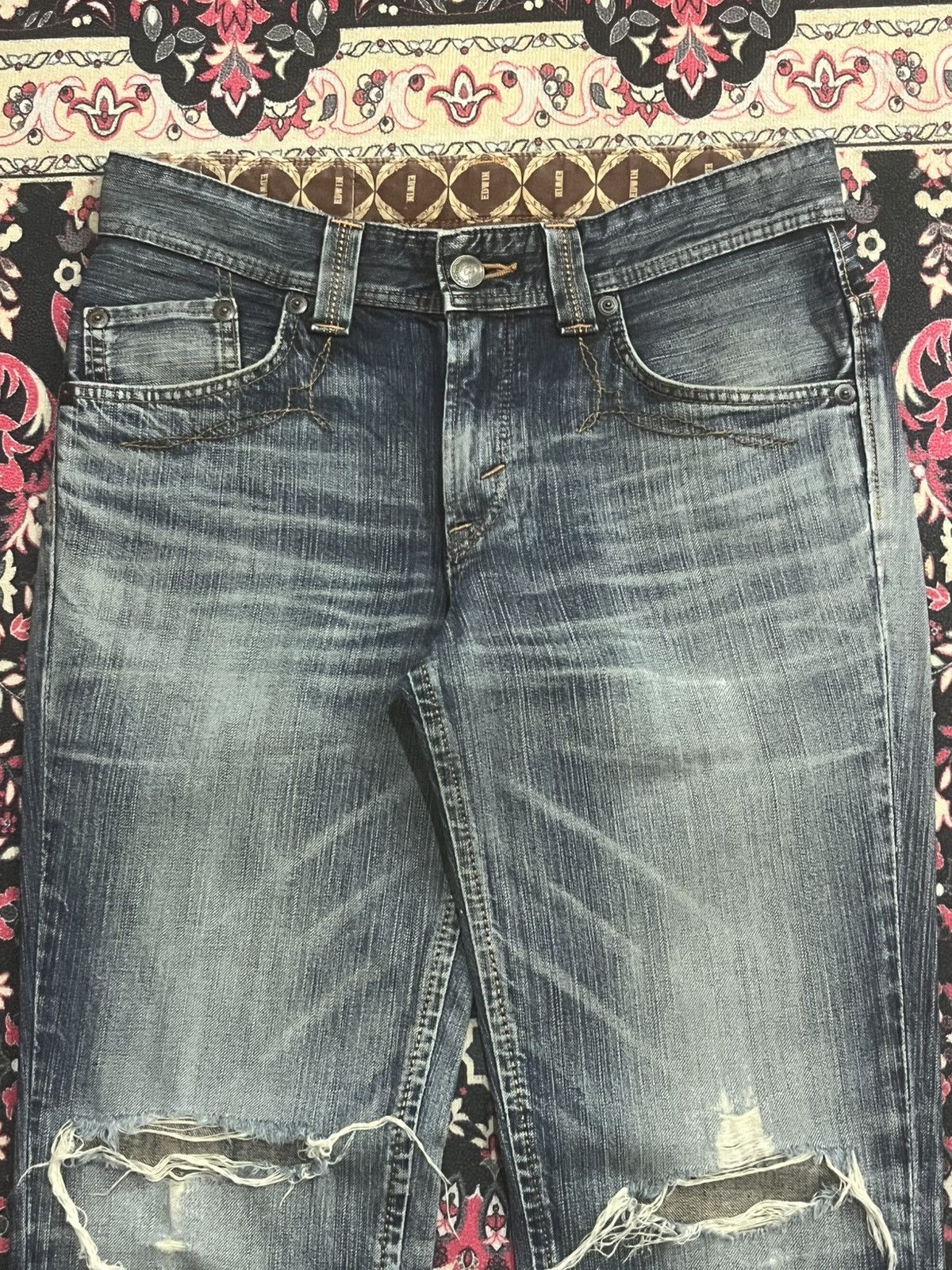 Edwin Vintage Edwin 431 XVS Dark Blue Washed Ripped Flare Jeans Size US 30 / EU 46 - 4 Thumbnail