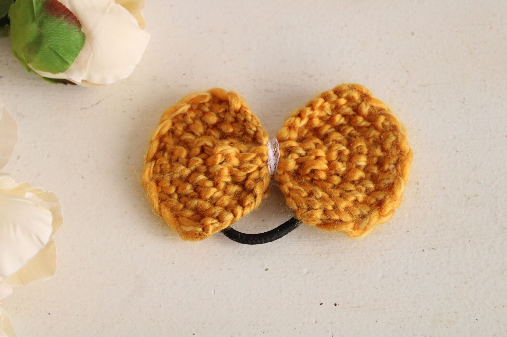 Handmade Knit Hair Bow, Handknitted Golden Yellow Ponytail Holder or Size ONE SIZE - 2 Thumbnail