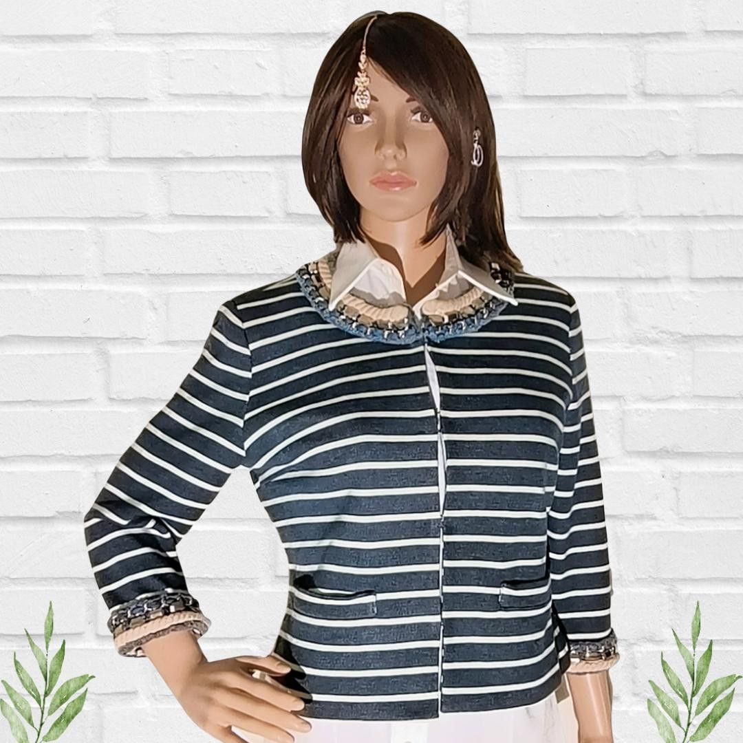Designer Boston Proper Women's Striped Chain Jewel Blazer Size 8 Size M / US 6-8 / IT 42-44 - 2 Thumbnail