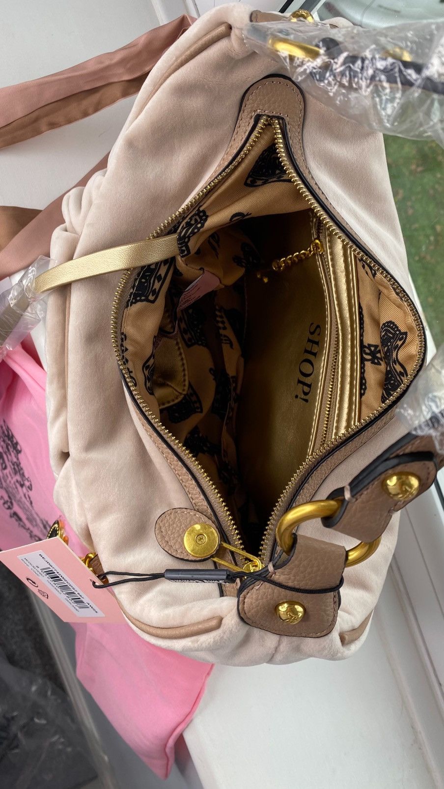 Juicy Couture Juicy Couture Dark Sand Crest Velour Hobo Bag Size ONE SIZE - 8 Thumbnail