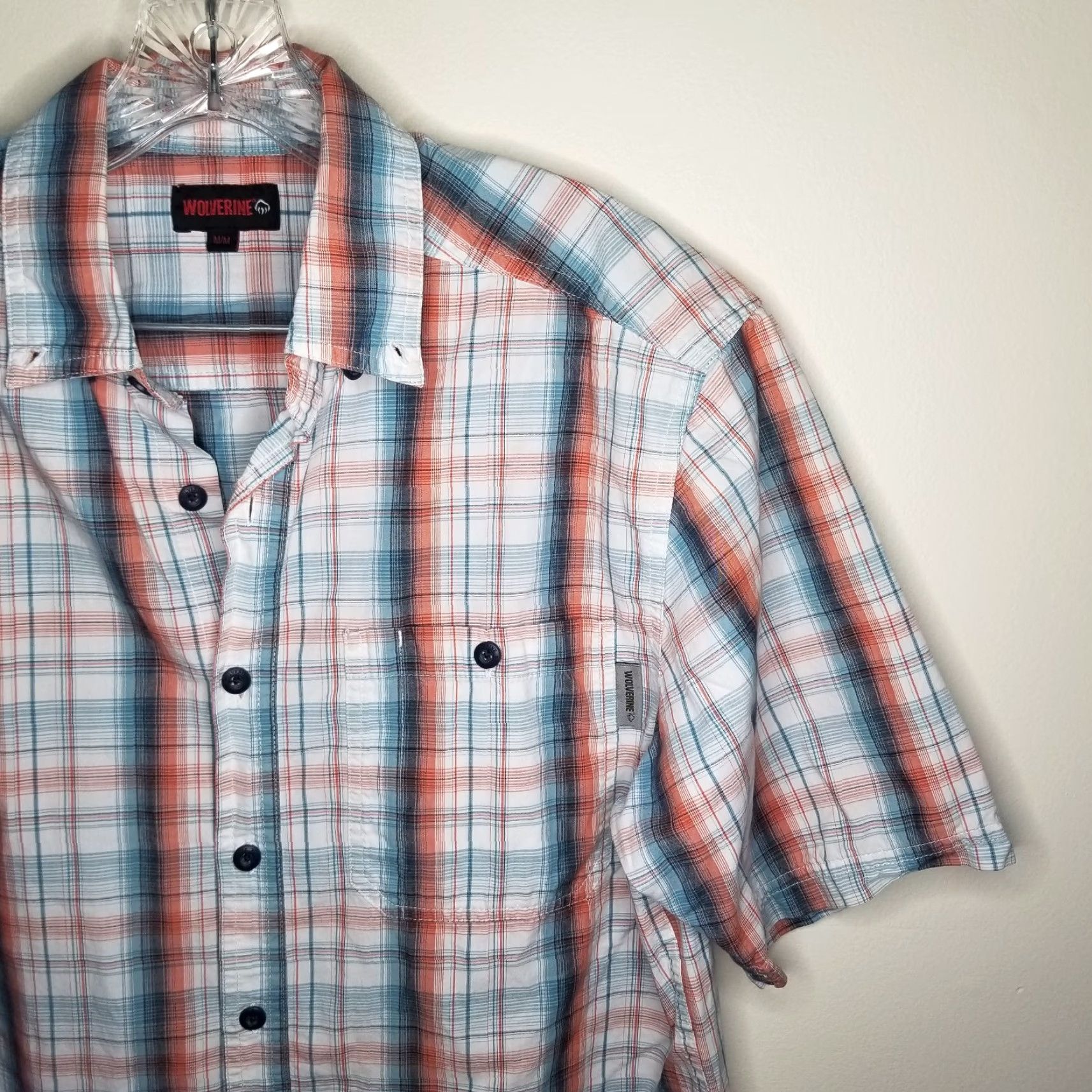 Vintage Wolverine Button-Up Shirt Mens Short Sleeve Plaid Lightweight Blue Orange Size M Size US 31 - 2 Thumbnail