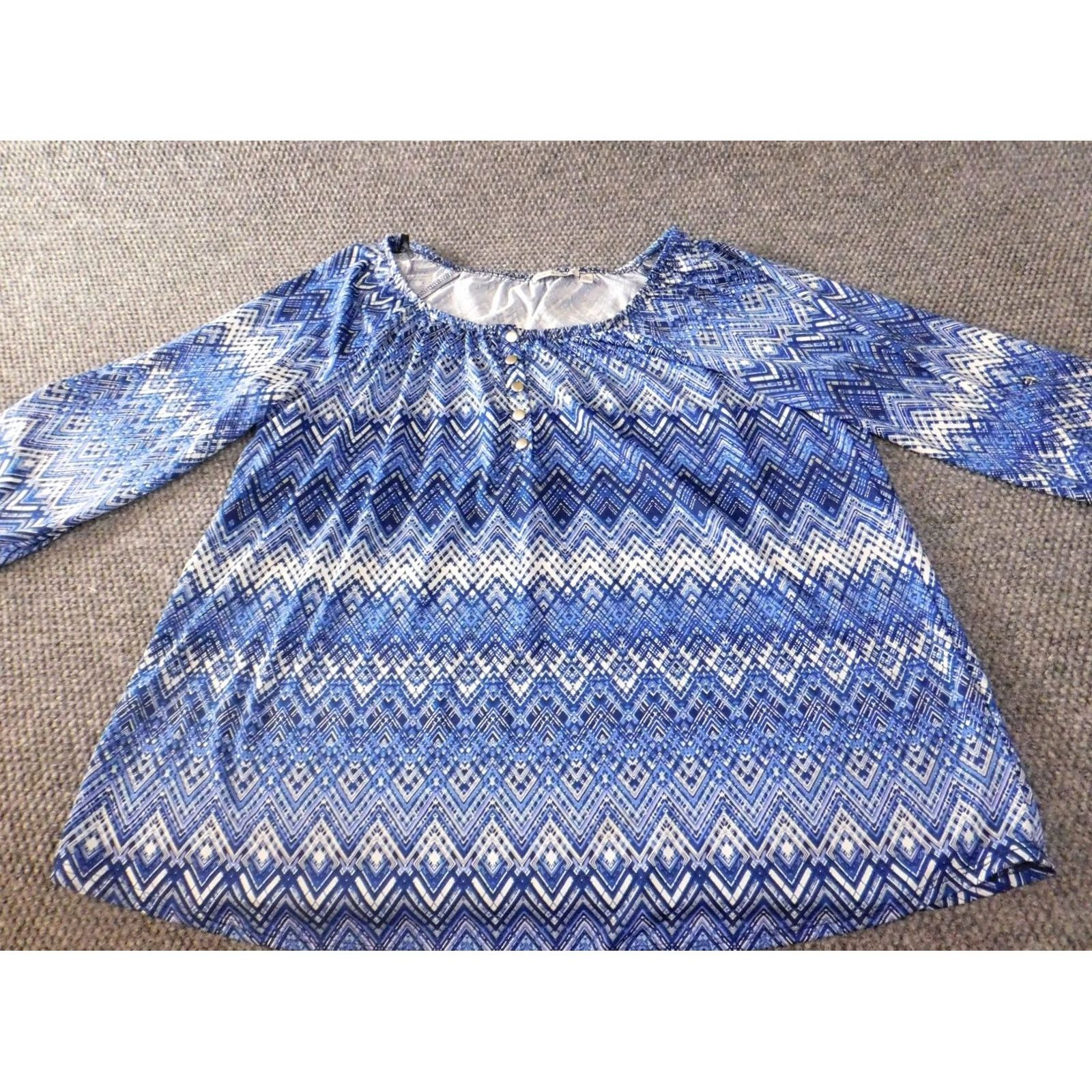 Vintage Notations Blouse Shirt Womens 2X Plus Blue Striped Stretch Pullover Casual Round Neck Short Sleeve Size XXL / US 16-18 / IT 52-54 - 4 Thumbnail