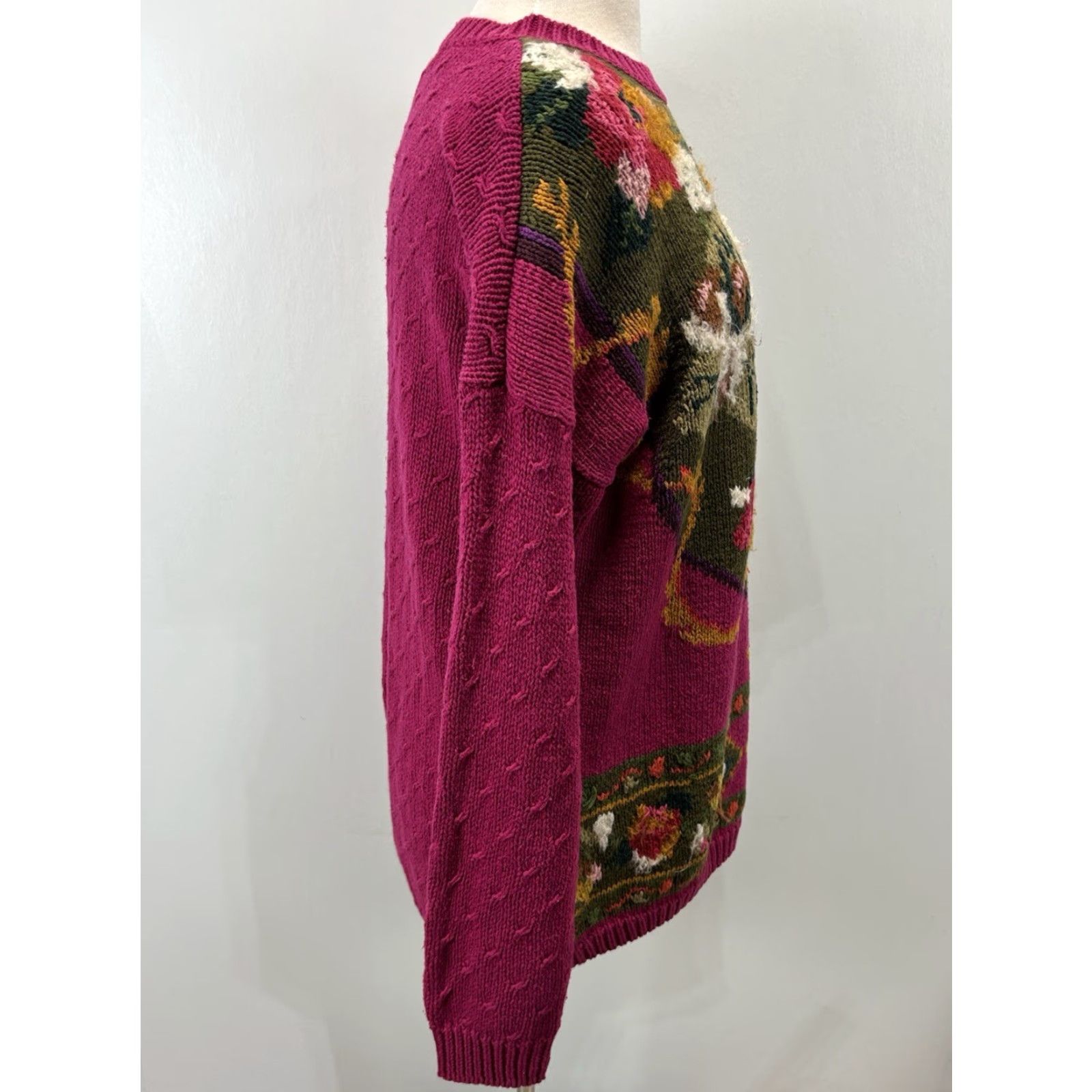 Vintage VINTAGE Michelle Stuart Studio Floral Sweater — Knit Pullover, Chunky Pink, 90s Cottagecore, Medium, Women, Casual Wear Size M / US 6-8 / IT 42-44 - 4 Thumbnail