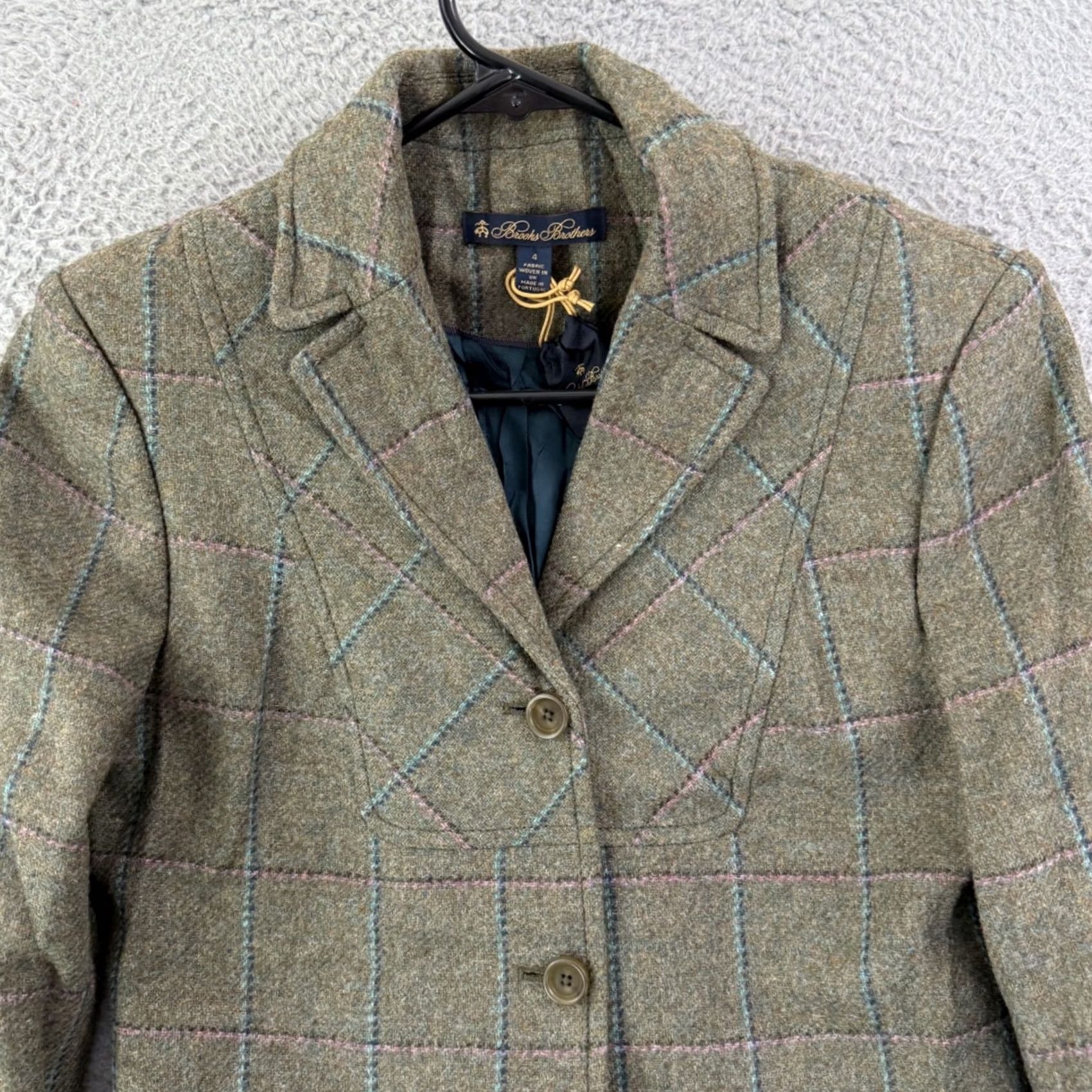 Brooks Brothers VINTAGE Brooks Brothers Blazer Womens 4 Green Tweed Wool Notch 3-Button Single-Breasted Lined Pockets Classic Tailored Jacket Size S / US 4 / IT 40 - 3 Thumbnail
