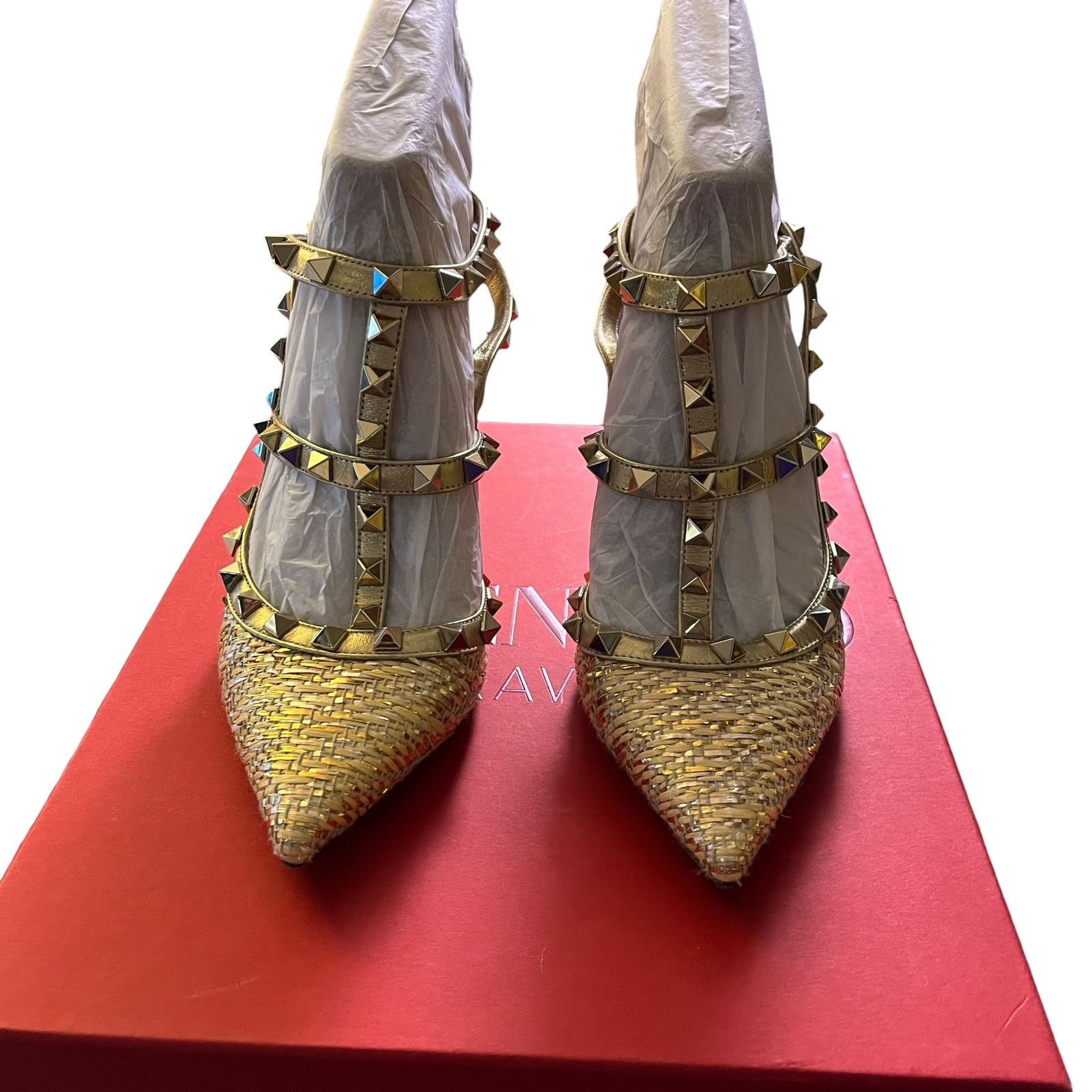 Valentino Valentino Rockstud T Strap Raffia Pumps Gold Studded 38 Heel Size US 8 / IT 38 - 1 Thumbnail