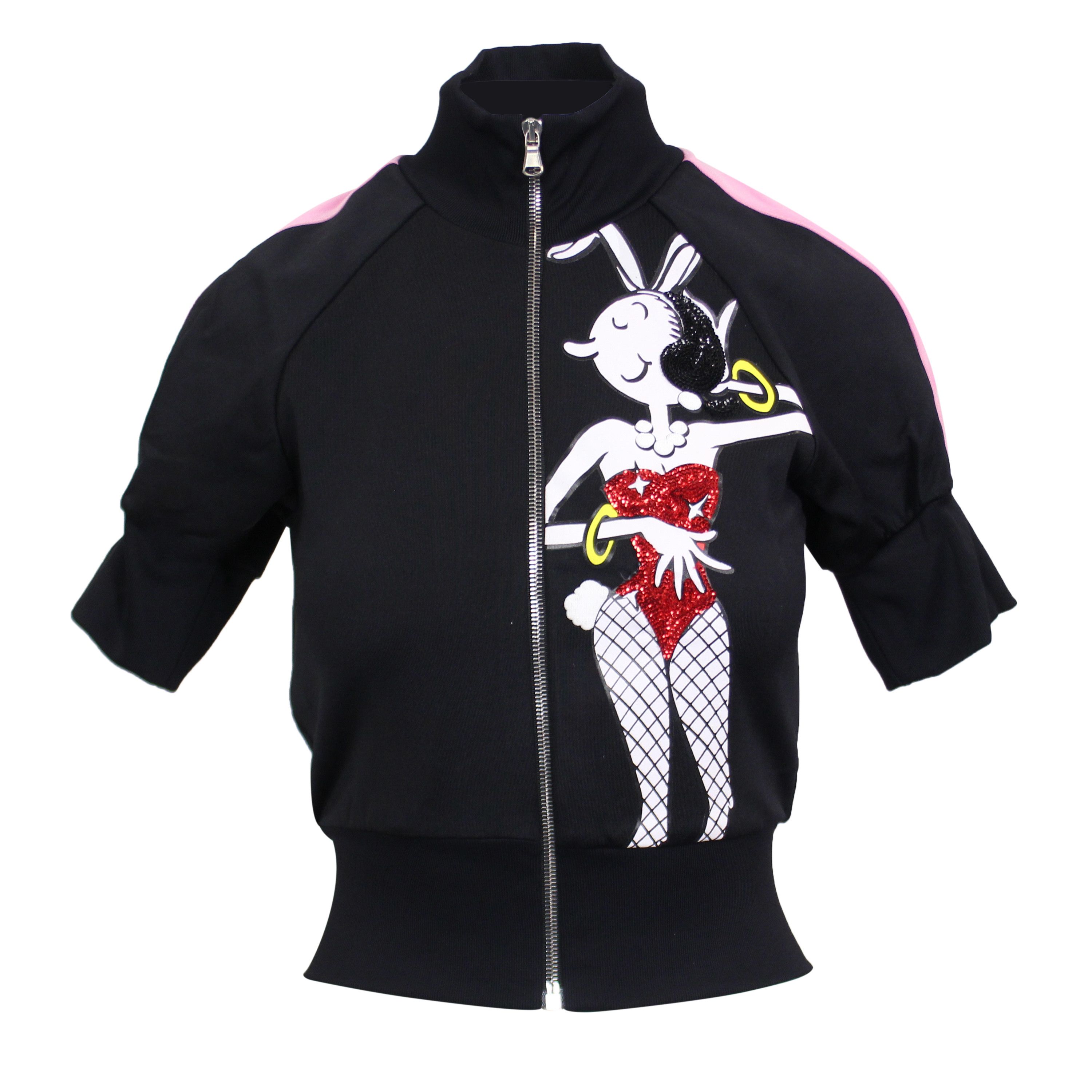 image of Moschino Couture Black Short Sleeve Pink Zip Track Jacket Size 4/40, Women's