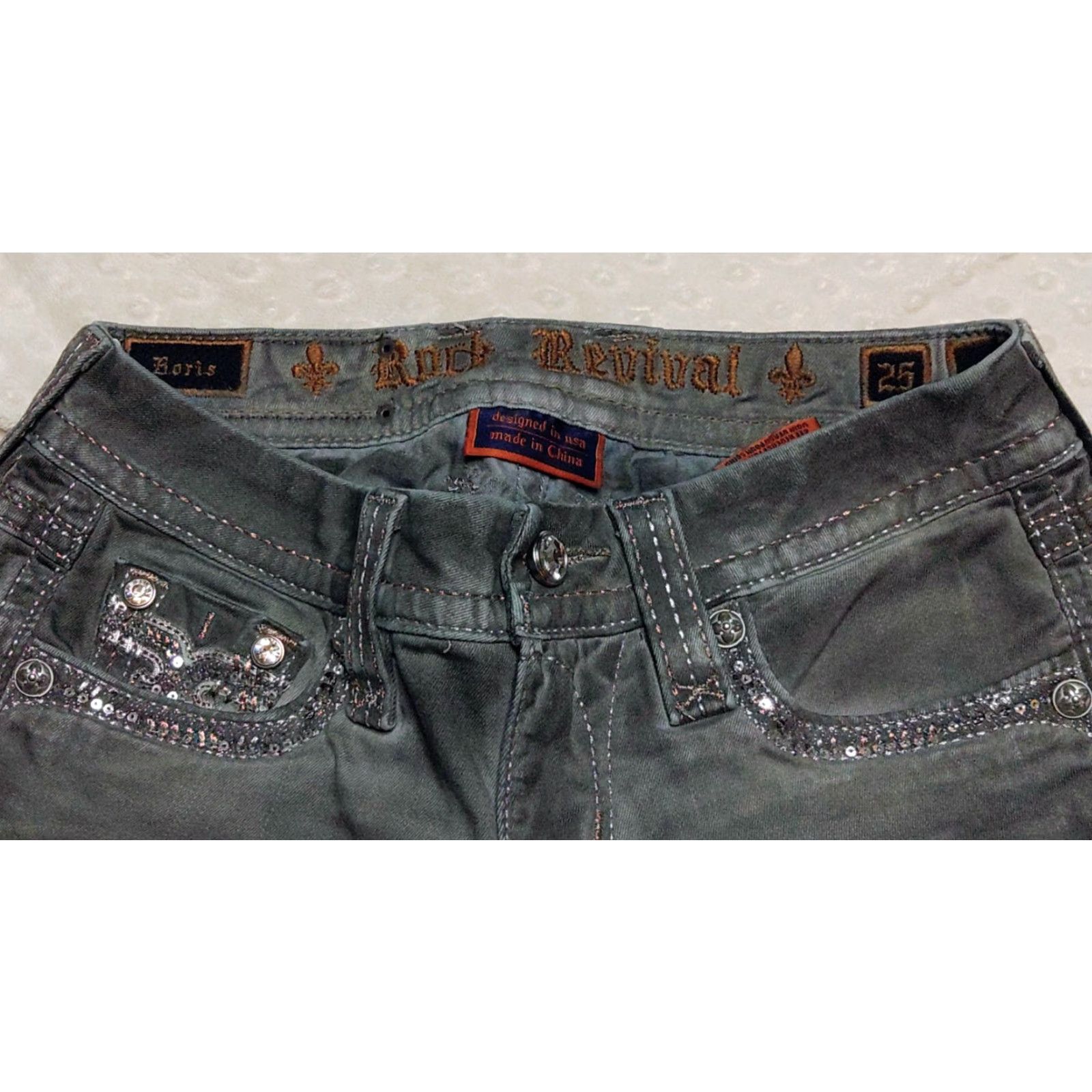 Vintage Rock Revival Jeans 25x27 Grey Boris Cotton Blend 5-Pocket Embroidered Rhinestone Cropped Slim Skinny Crop Denim Women Size 42" / US 20 - 5 Thumbnail