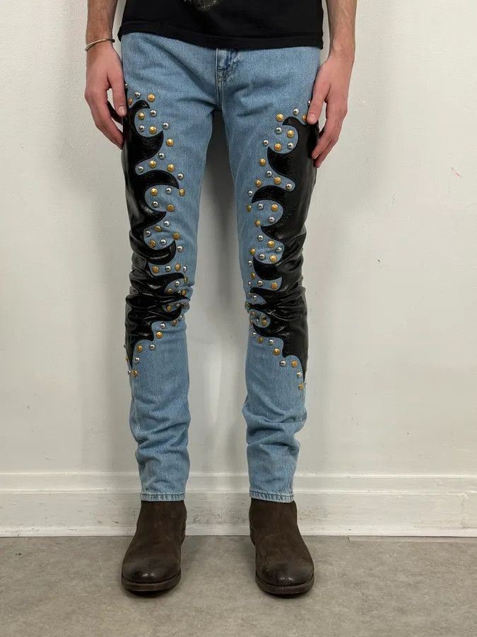 Moschino 1990s Moschino Blue Denim & Black Leather Jeans Size US 39 - 2 Thumbnail