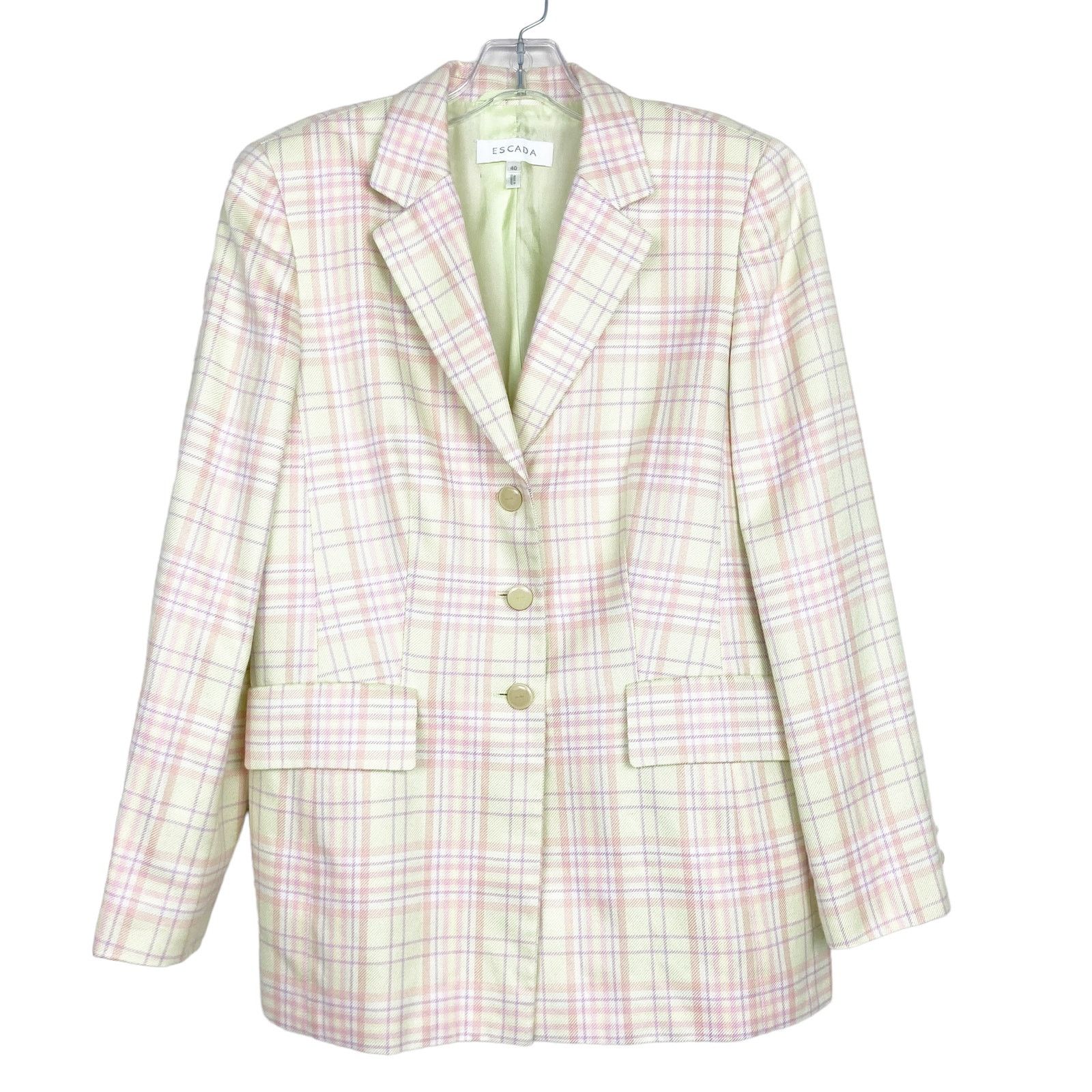 Escada Pink Yellow hot Pastel Silk Blend Plaid Blazer Sz 40