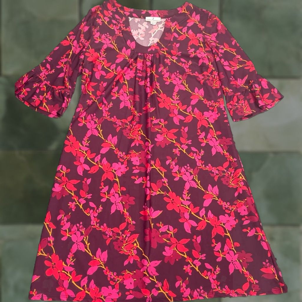 Vintage JUDE CONNALLY Dress Sz L Magenta Purple Floral Stretch Half Sleeve Size L / US 10 / IT 46 - 1 Thumbnail