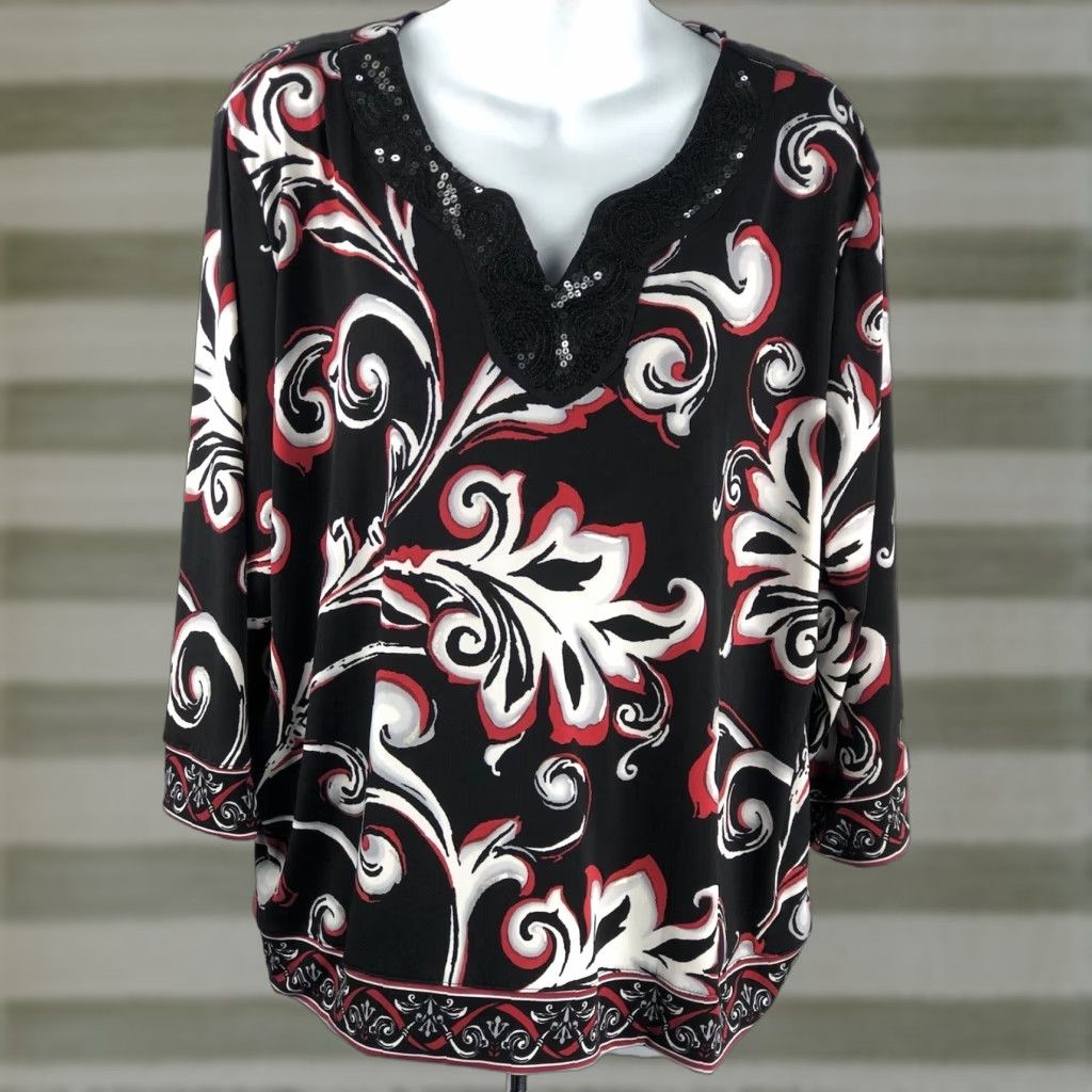 Vintage Alfred Dunner Tunic Top PXLblk/red Mod Geometric Sequin cut out V-neck 3/4 sleeve Blouse Women Size XL / US 12-14 / IT 48-50 - 1 Thumbnail