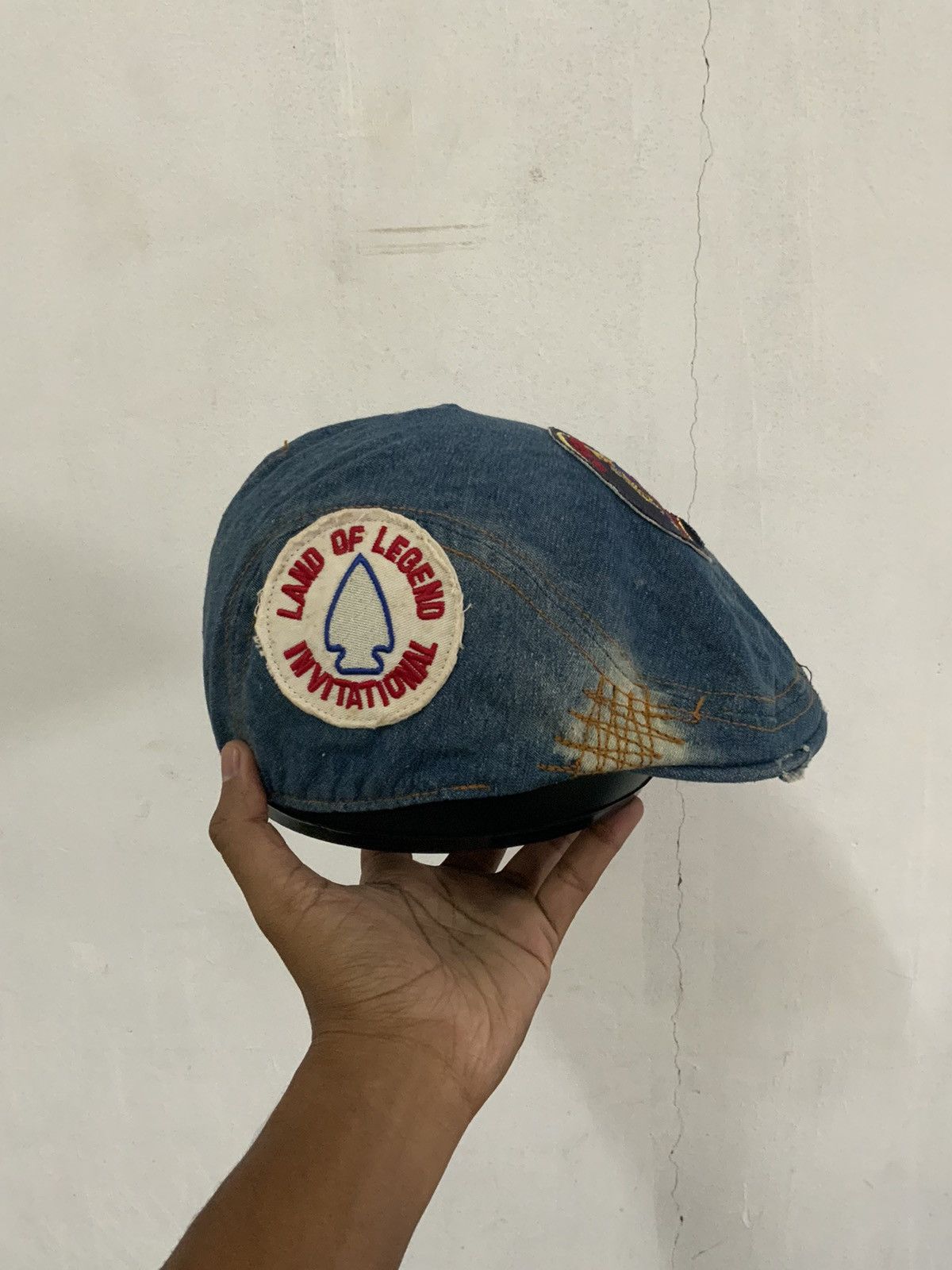 Japanese Brand Brewster Academy Distressed Sashiko Boro Denim Flat Hat Size ONE SIZE - 5 Thumbnail