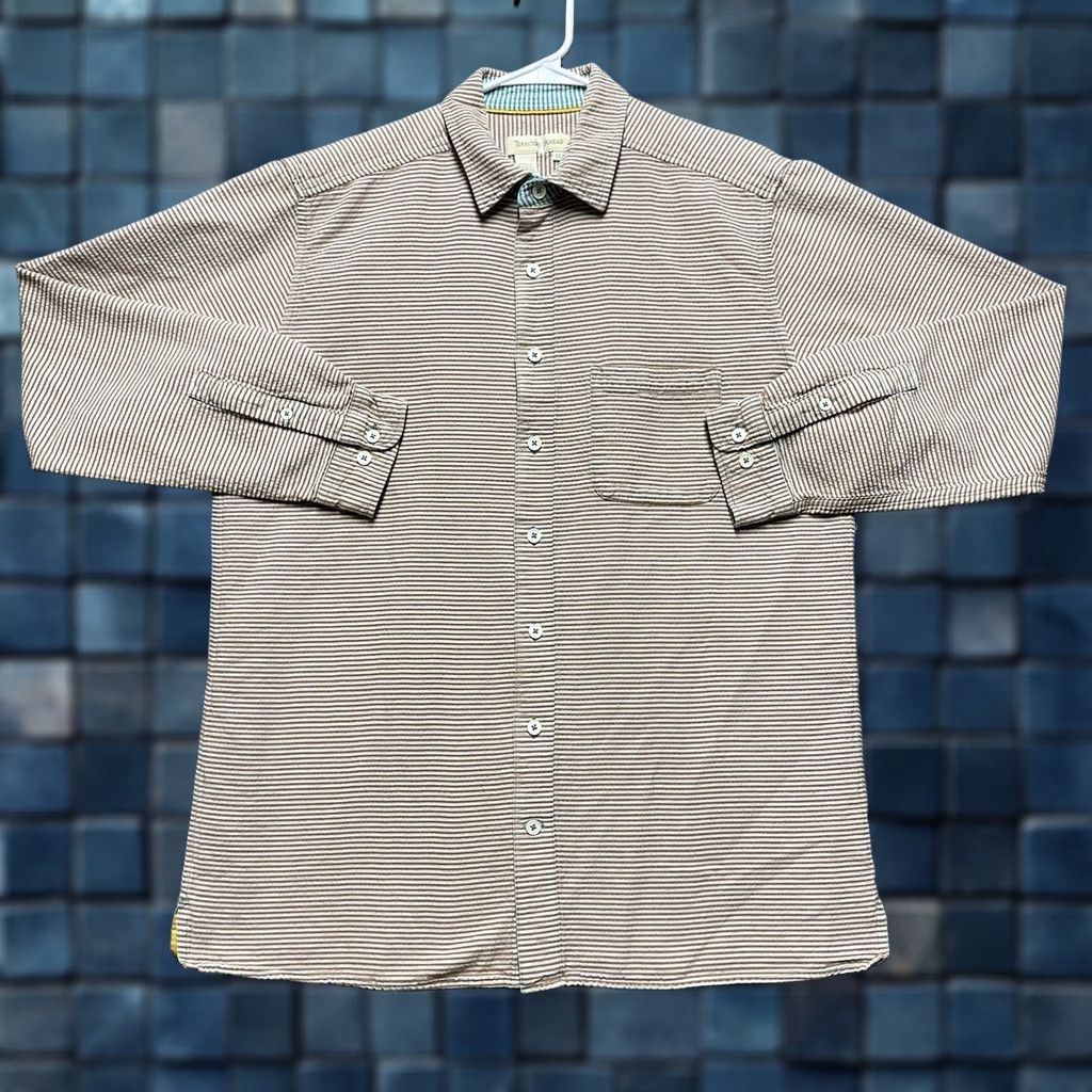The Territory Ahead Shirt Mens LT Brown White Striped Seersucker Button Up EUC