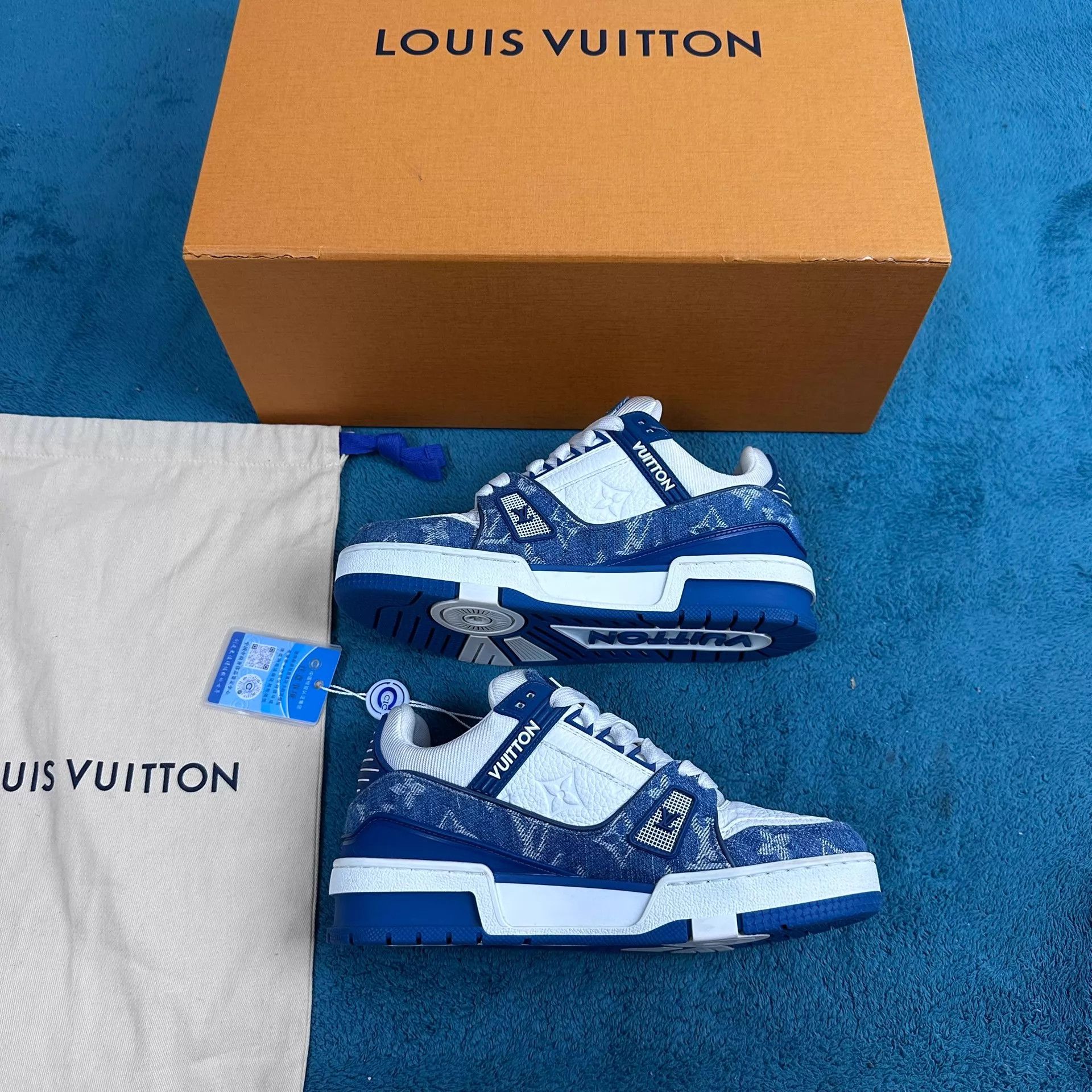 Louis Vuitton LV Trainer White Blue Denim Full Print 35.5 Size US 5 / IT 35 - 3 Thumbnail