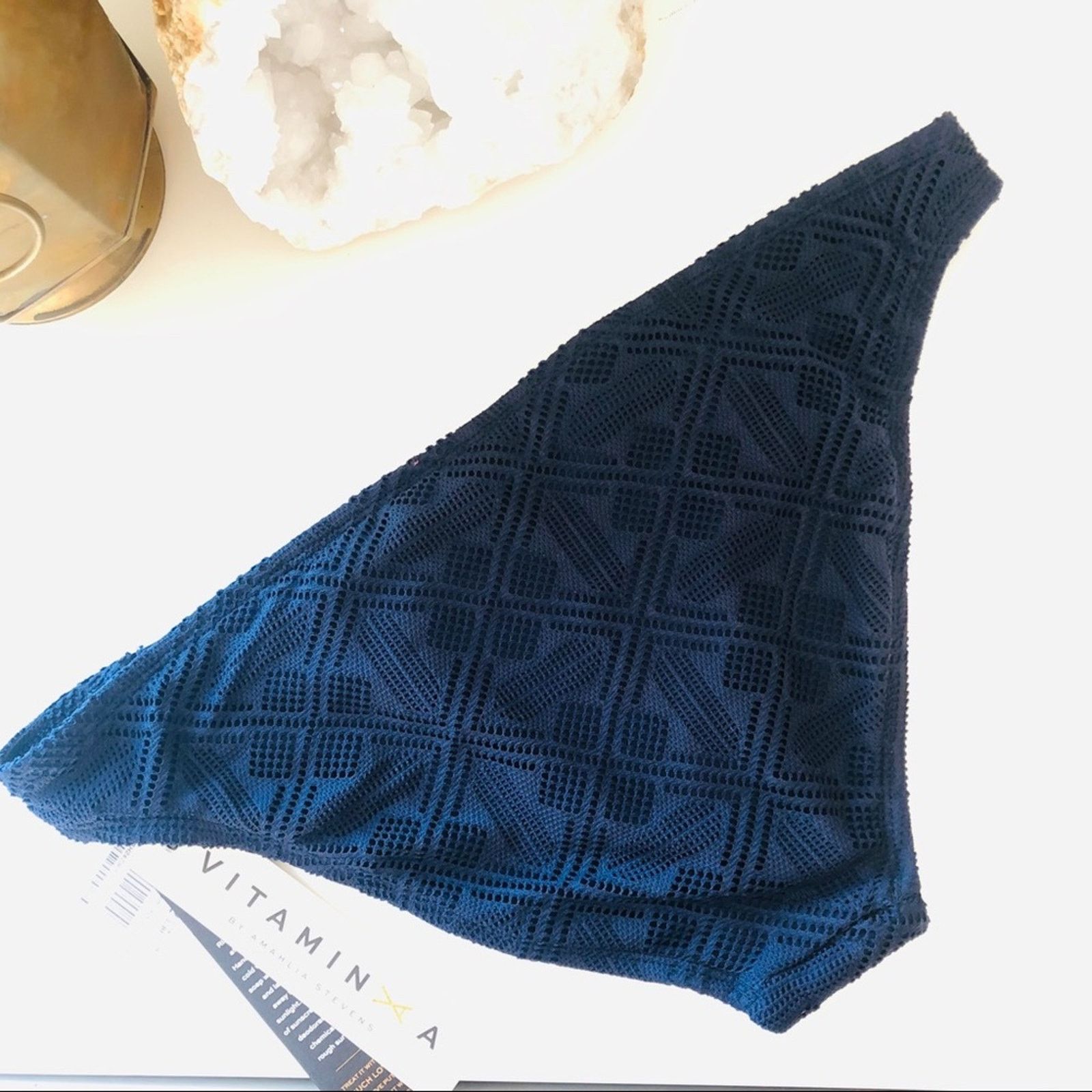 Anthropologie NEW VITAMIN A Navy Blue Textured Cutout Strap Bikini Bottom Size ONE SIZE - 7 Thumbnail