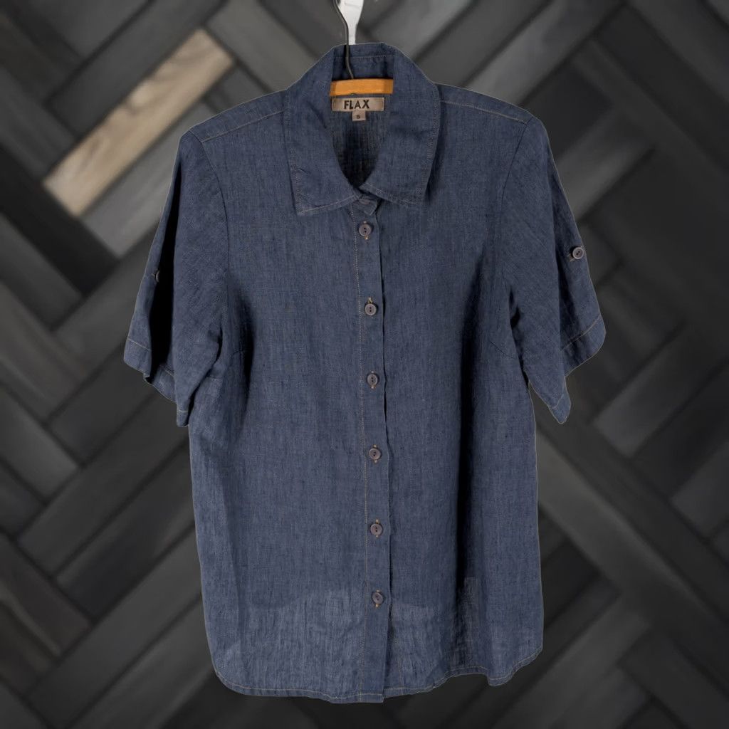 FLAX Flax Linen Shirt Button-Up Indigo Blue Short Sleeve Denim Look Lithuania S Women’s Bohemian Chambray Effect Casual Shirts Size S / US 4 / IT 40 - 1 Thumbnail