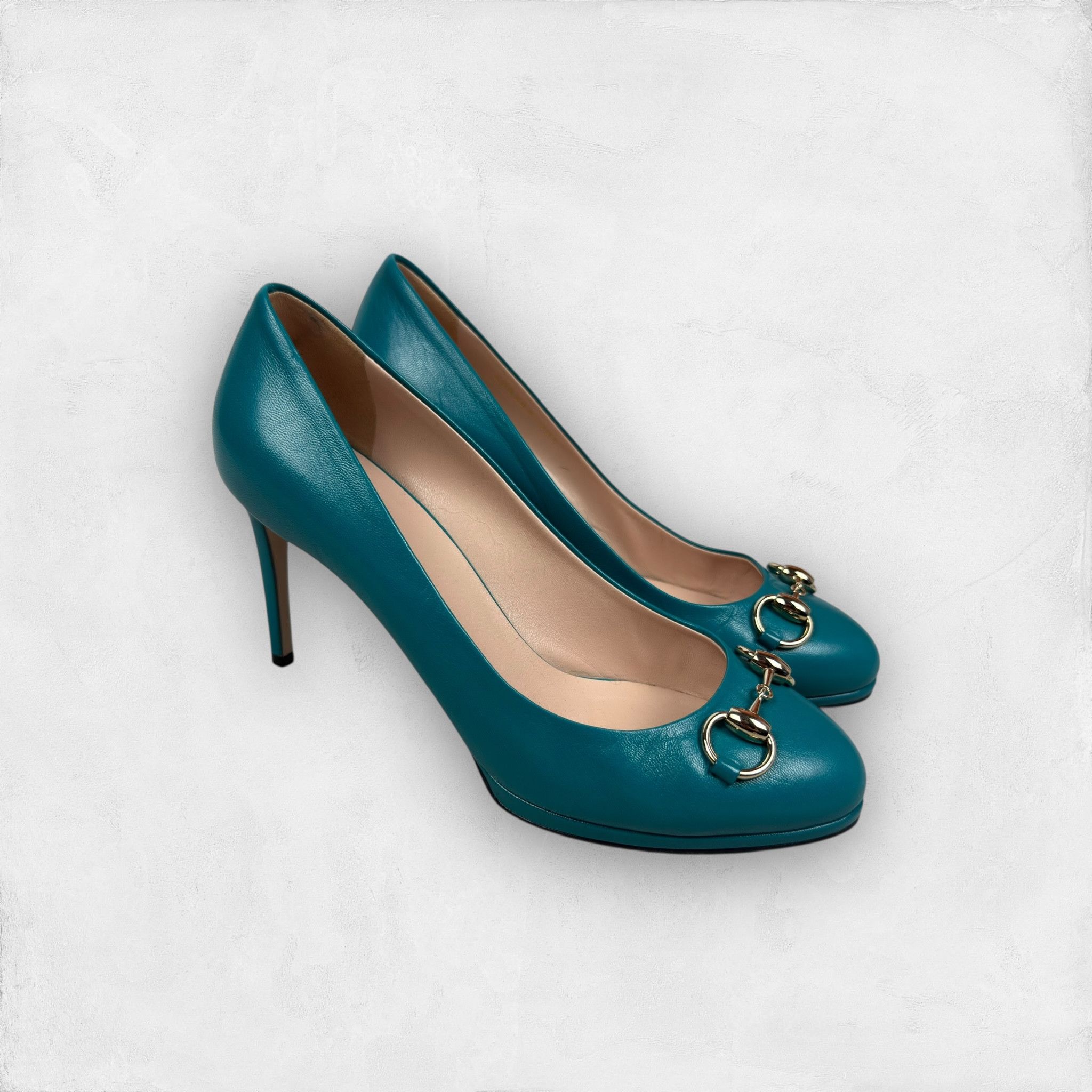 Gucci Womens Teal Leather Jolene Horsebit Pump Stiletto Heel Shoes in Blue (Size 8.5)