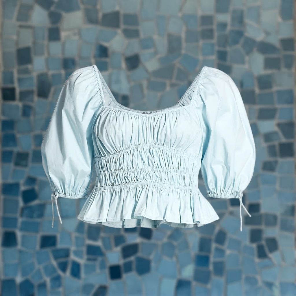 Staud STAUD Faye Smocked Ruffle Blouse Cotton Blend Winter Sky Blue Women's 10 (M) Regular Puff Sleeve Cropped Square Neck Blouse Size L / US 10 / IT 46 - 1 Thumbnail