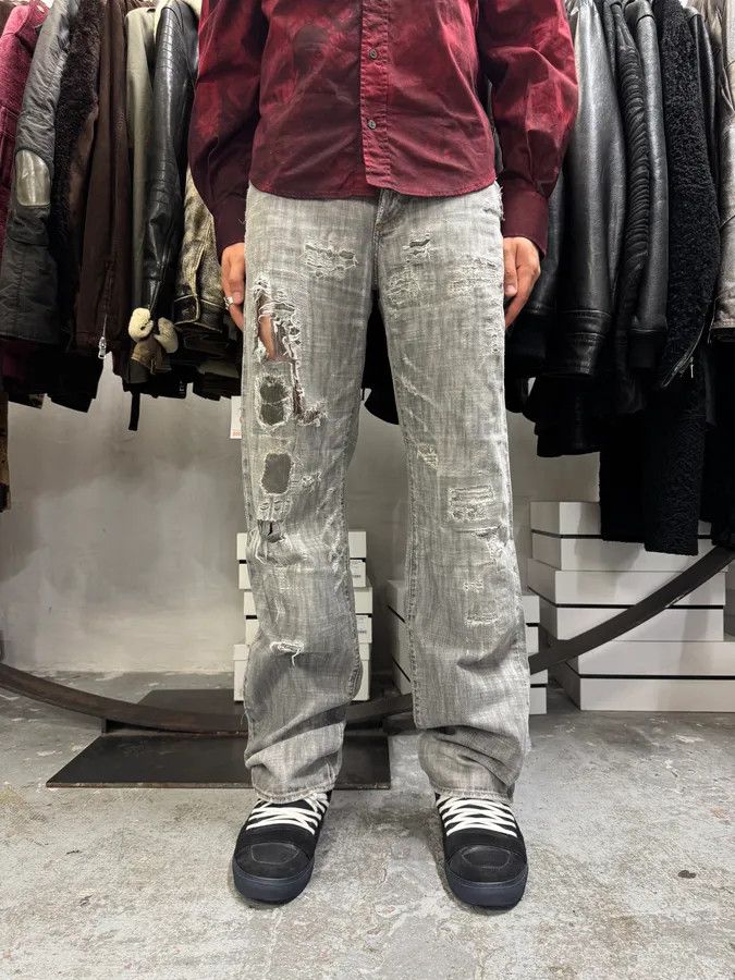 Roberto Cavalli × Vintage 2000s Cavalli Destroyed Grey Denim Jeans Size US 32 / EU 48 - 2 Thumbnail