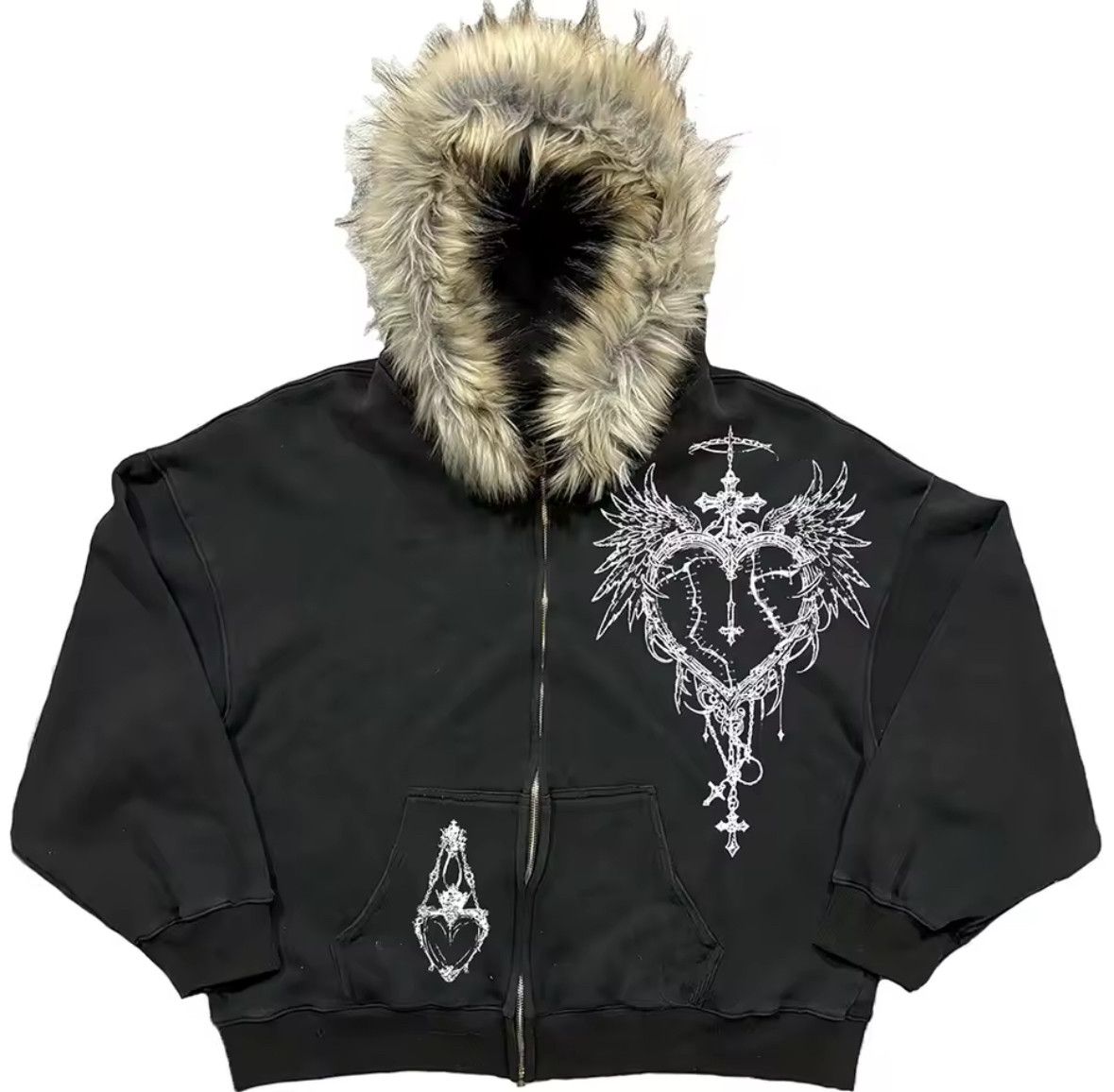 Other Fashion Punk Goth Grunge Heart Cross Fur Hat Graphic Hoodies Size US M / EU 48-50 / 2 - 1 Thumbnail
