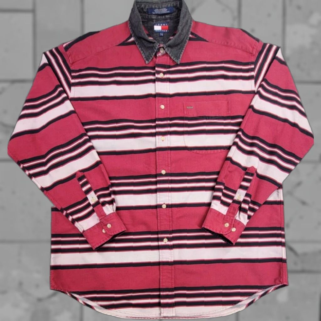 Tommy Hilfiger VINTAGE Tommy Hilfiger Shirt Men L Red Black Stripe Button-Up Collared Long Sleeve Denim Canvas 90s Logo Size US L / EU 52-54 / 3 - 1 Thumbnail