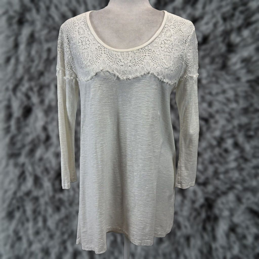 Vintage Cut Loose Women's Linen Blend Long Sleeve Tunic Top Ivory Lace Detail Medium Size M / US 6-8 / IT 42-44 - 1 Thumbnail