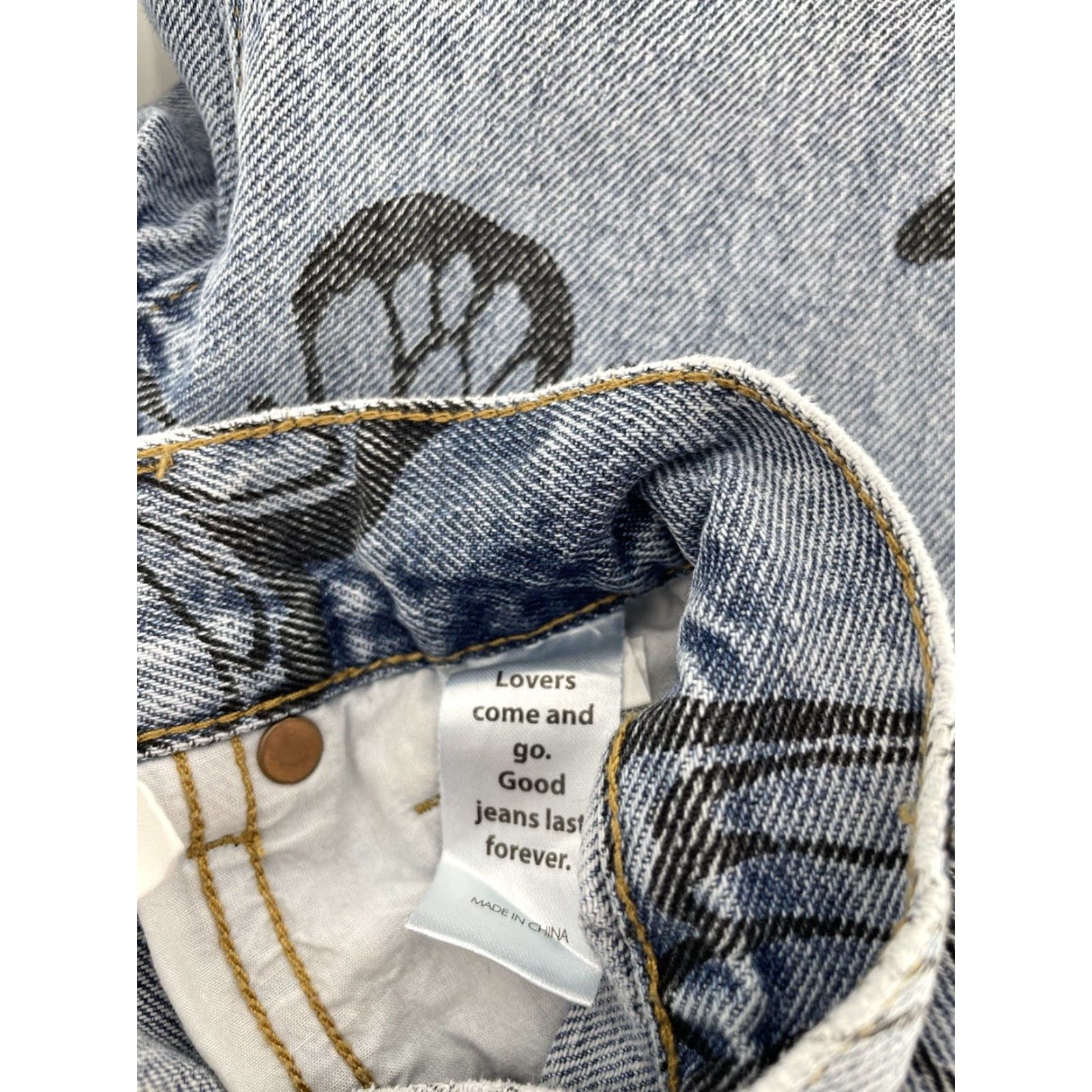 Pacsun PACSUN High Rise Straight Jeans Womens 23 Blue Fray Button Fly Butterfly Print Bohemian Hipster Bat Print 5-Pocket Denim Stone Wash Cool Casual Size 40" / US 18 - 6 Thumbnail