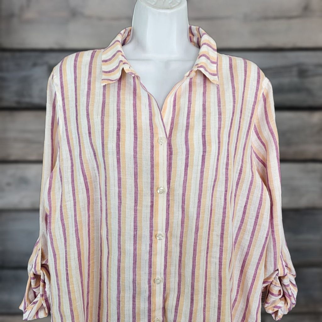 Vintage Chico's Womens No Iron Button Front Shirt Sz Large Linen Purple Orange Striped Size L / US 10 / IT 46 - 1 Thumbnail