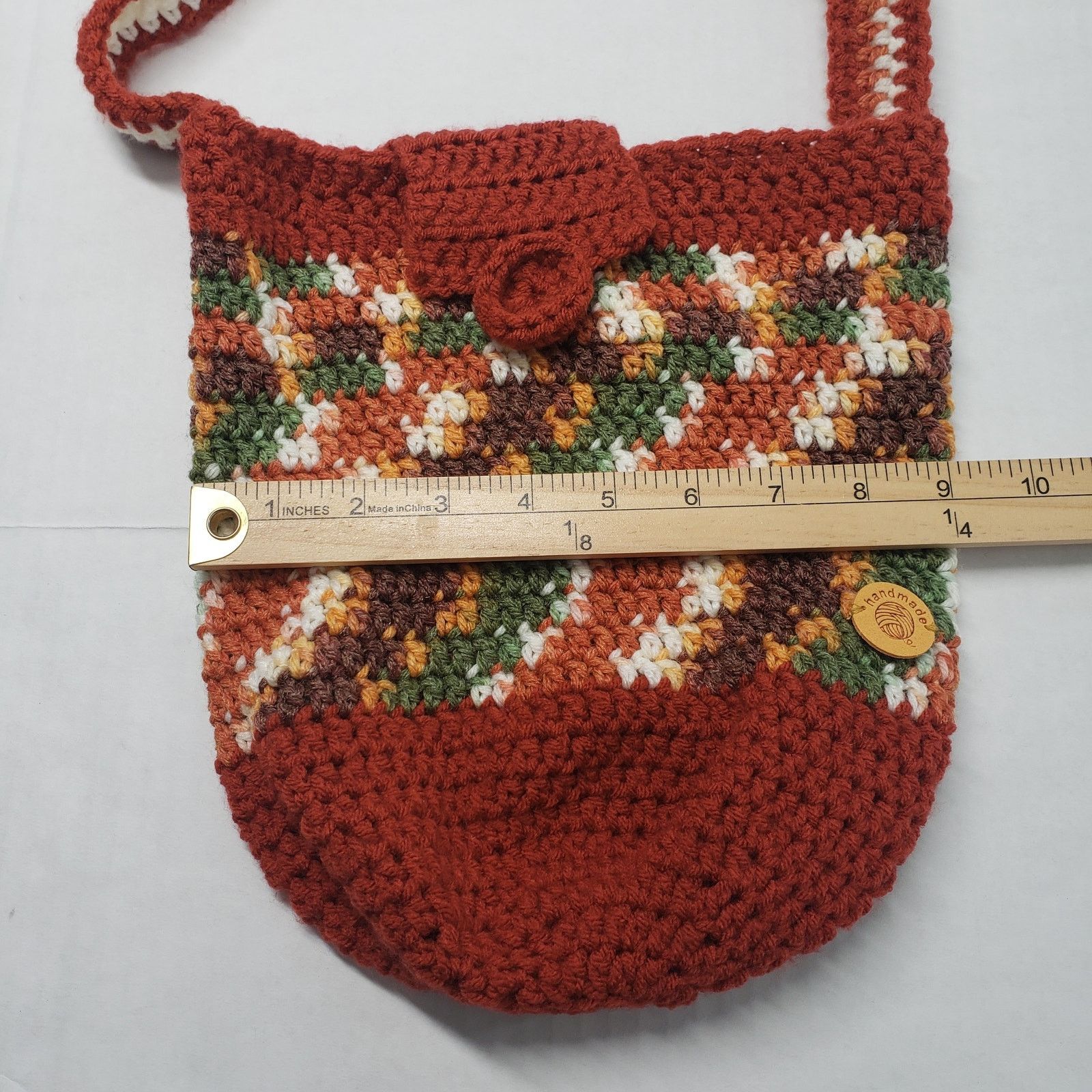 Handmade Striped Crochet Crossbody Bucket Bag Brown Small Handmade Size ONE SIZE - 7 Thumbnail
