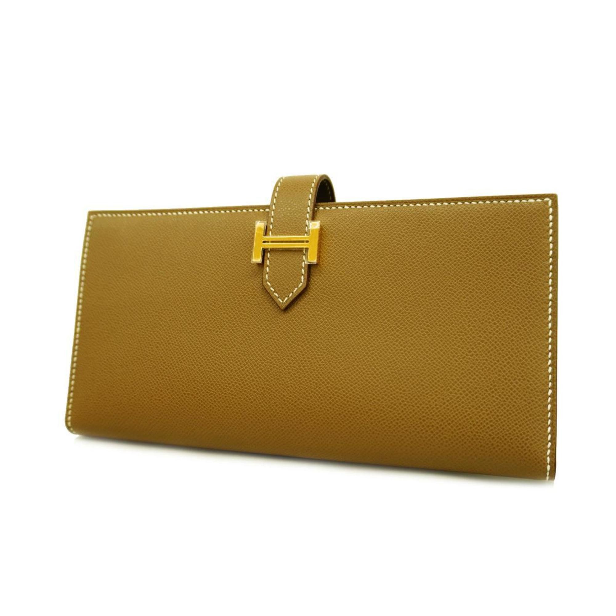 image of Hermes Long Wallet Bear Souffle B Engraved Madame Etoupe Gold Hardware Women's
