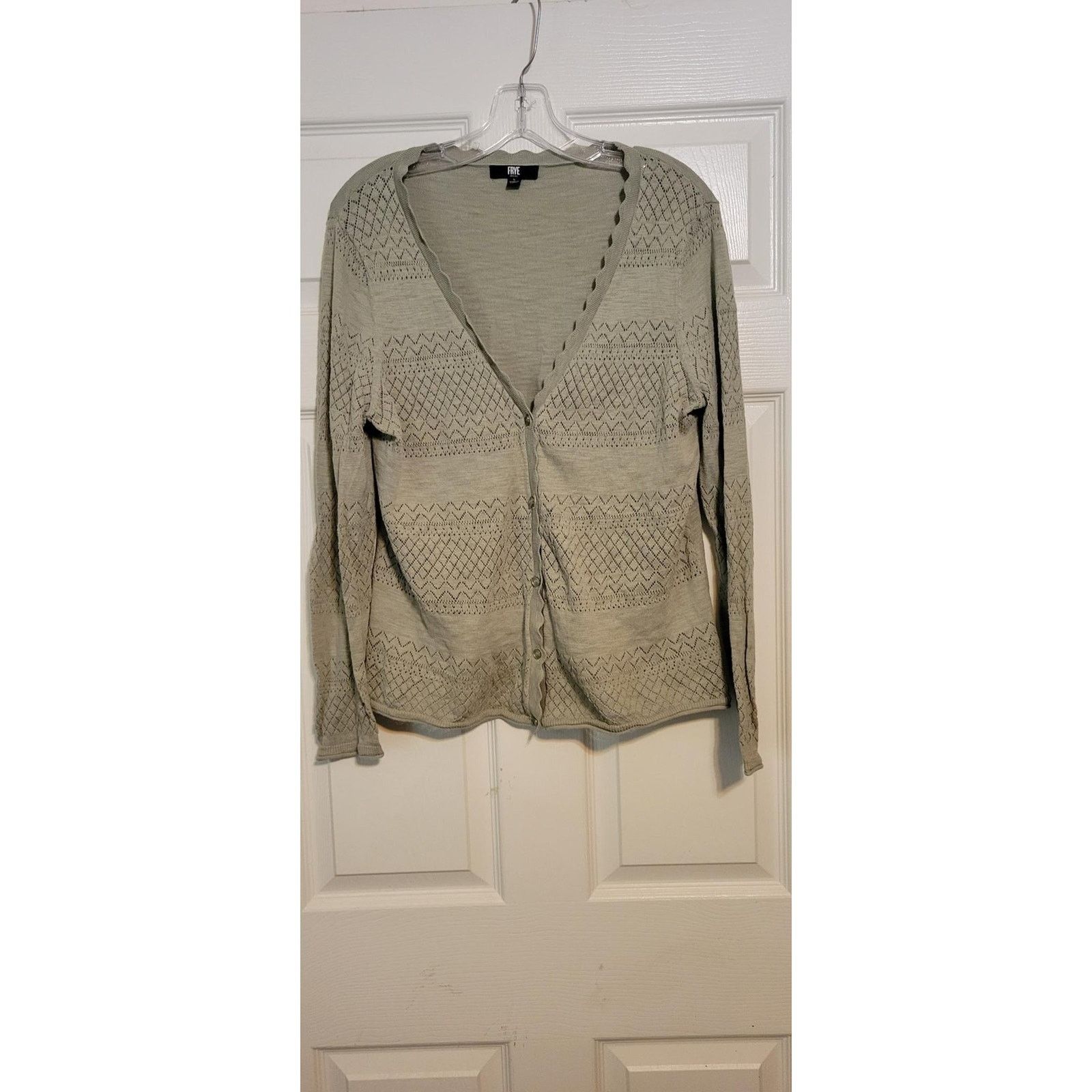 Frye Frye Sage Green Pointelle Knit Scalloped Cardigan Large Size L / US 10 / IT 46 - 1 Thumbnail