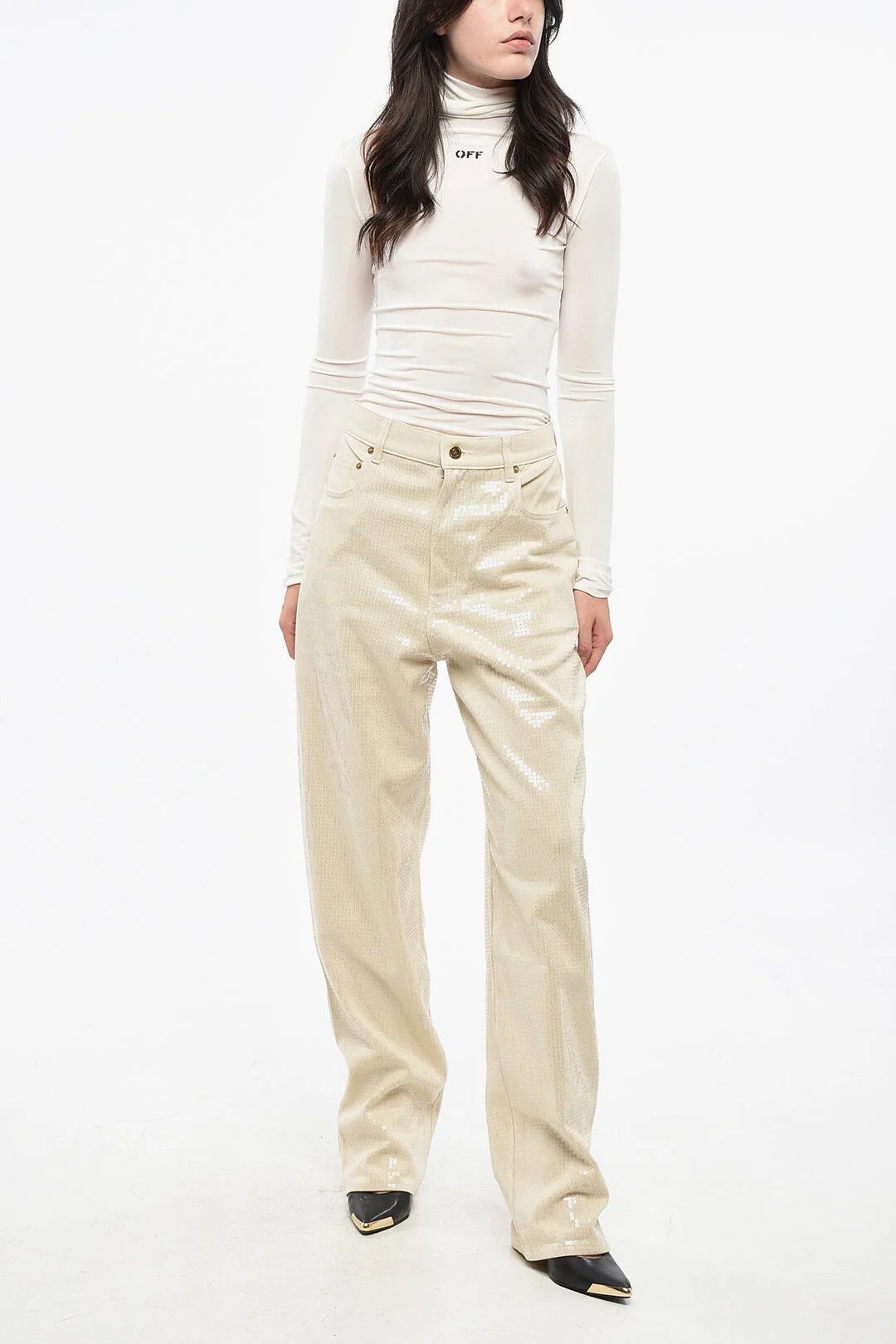 Golden Goose og1mm0426 Sequin Wide-Leg High-Rise Pant in Beige Size 28" / US 6 / IT 42 - 4 Thumbnail