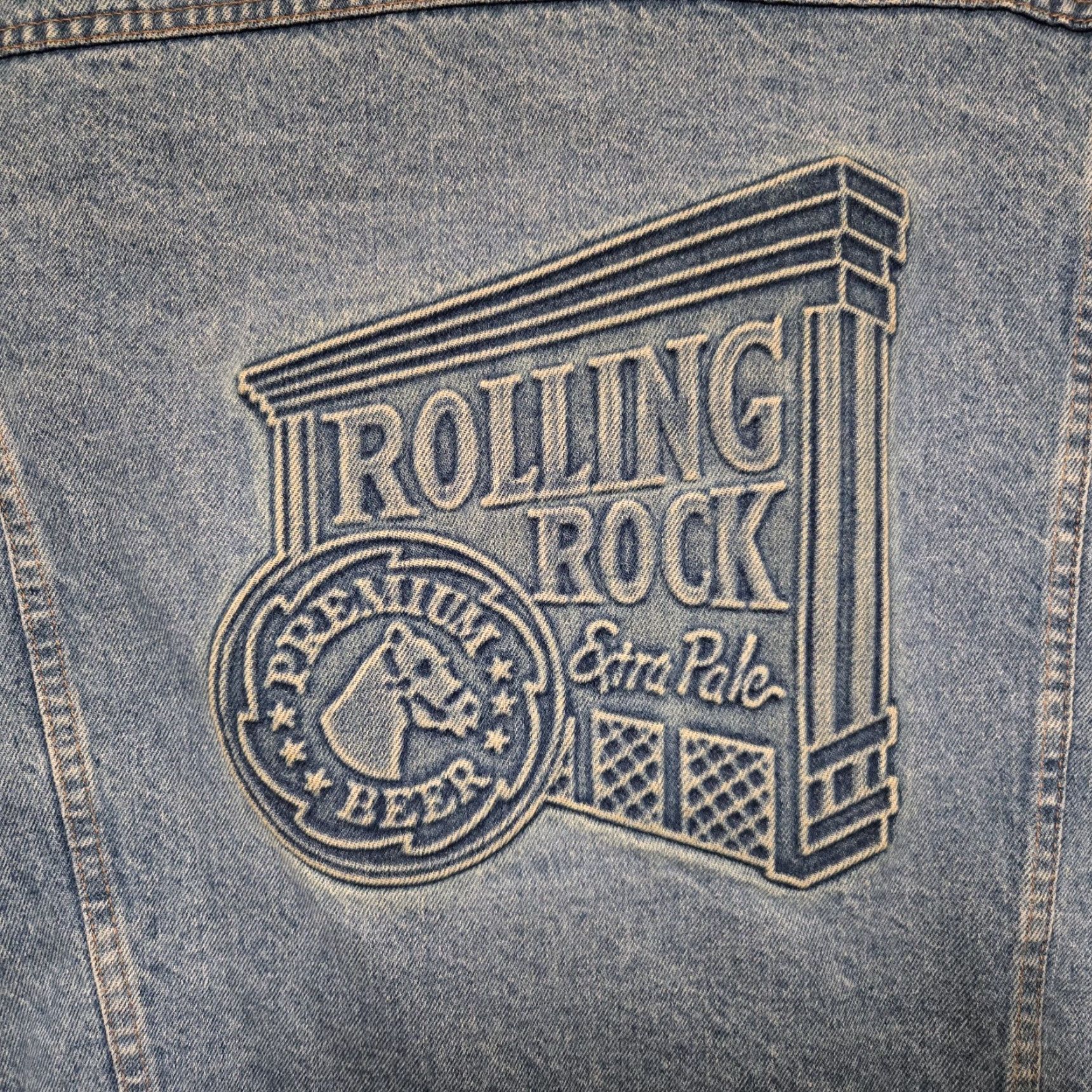 Vintage Vtg Rolling Rock Beer Jacket Mens M Denim Jean Made in USA 1980s Jacket Size US 31 - 6 Thumbnail