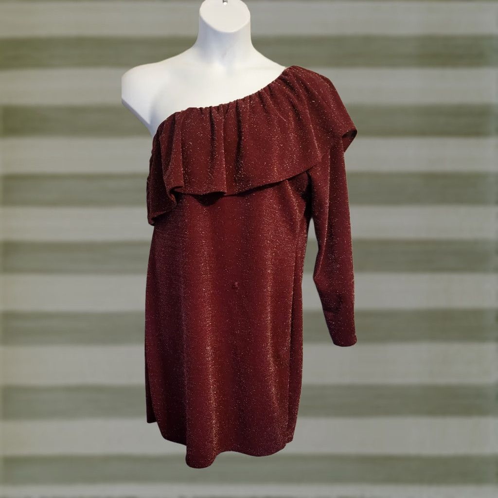 Vintage Love J Burgundy Sparkle One Shoulder Dress Bodycon Knee Length Ruffle 2XL Womens Plus Size Night Party Cocktail Holiday Festive Womens Dress Size XXL / US 16-18 / IT 52-54 - 1 Thumbnail