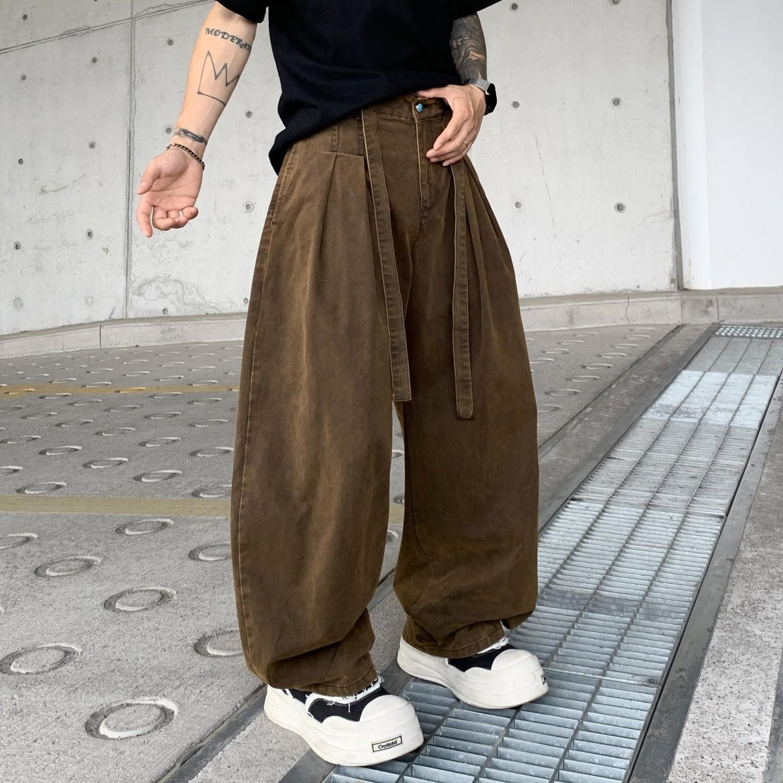 Vintage Brown Baggy Wide Leg Pants, Casual Loose Fit Trousers Size US 32 / EU 48 - 3 Thumbnail