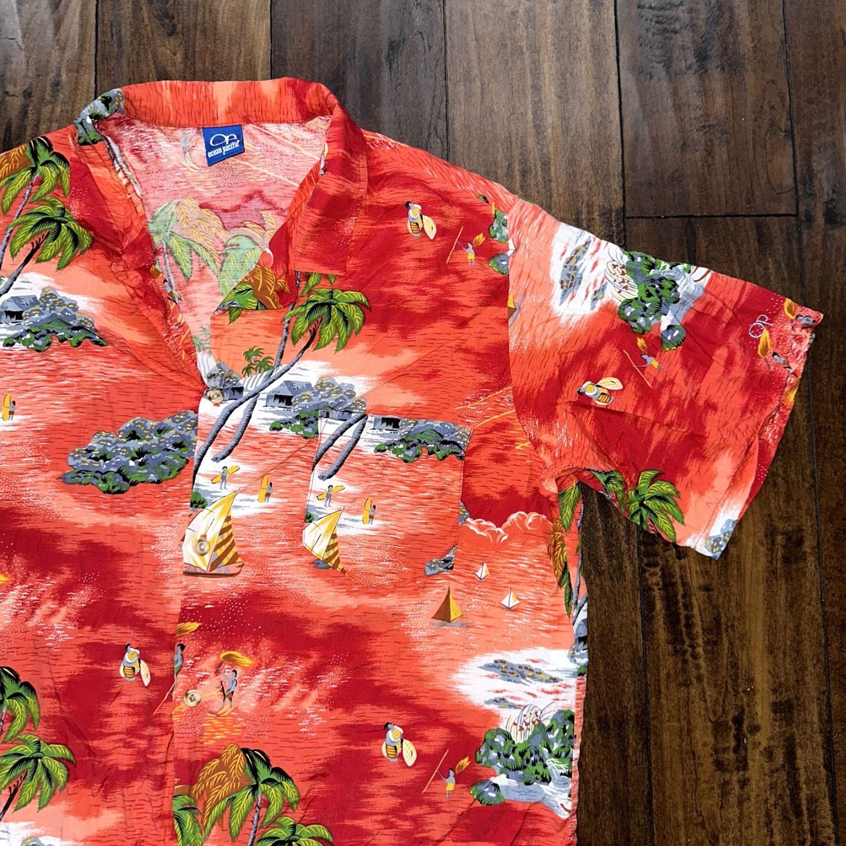 Ocean Pacific VTG Ocean Pacific OP Shirt Hawaiian Aloha Rare 80s 70s Red All Over Print Crazy Multicolor Button-Up Men L Short Sleeve Boys? Wait. Size US L / EU 52-54 / 3 - 2 Thumbnail