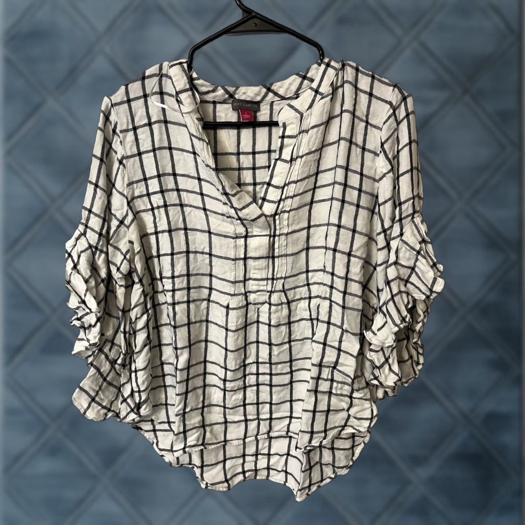 Vince Camuto Vince Camuto Blouse Women L Plaid V-Neck 3/4 Sleeve Flare Multicolor Preppy Size L / US 10 / IT 46 - 1 Thumbnail