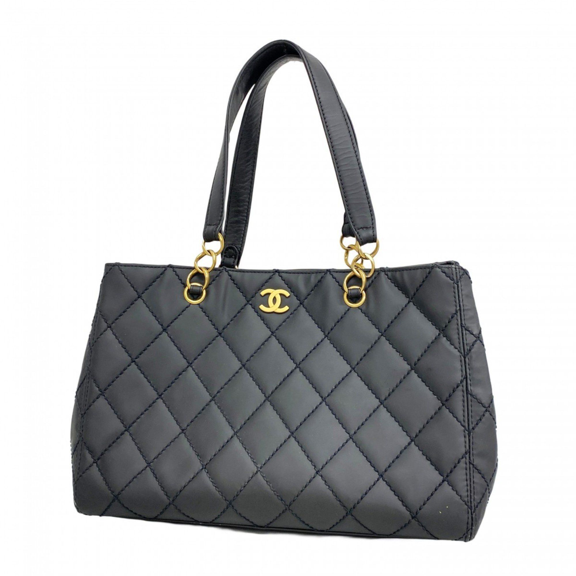 Chanel Tote Bag Wild Stitch Leather Black Women's